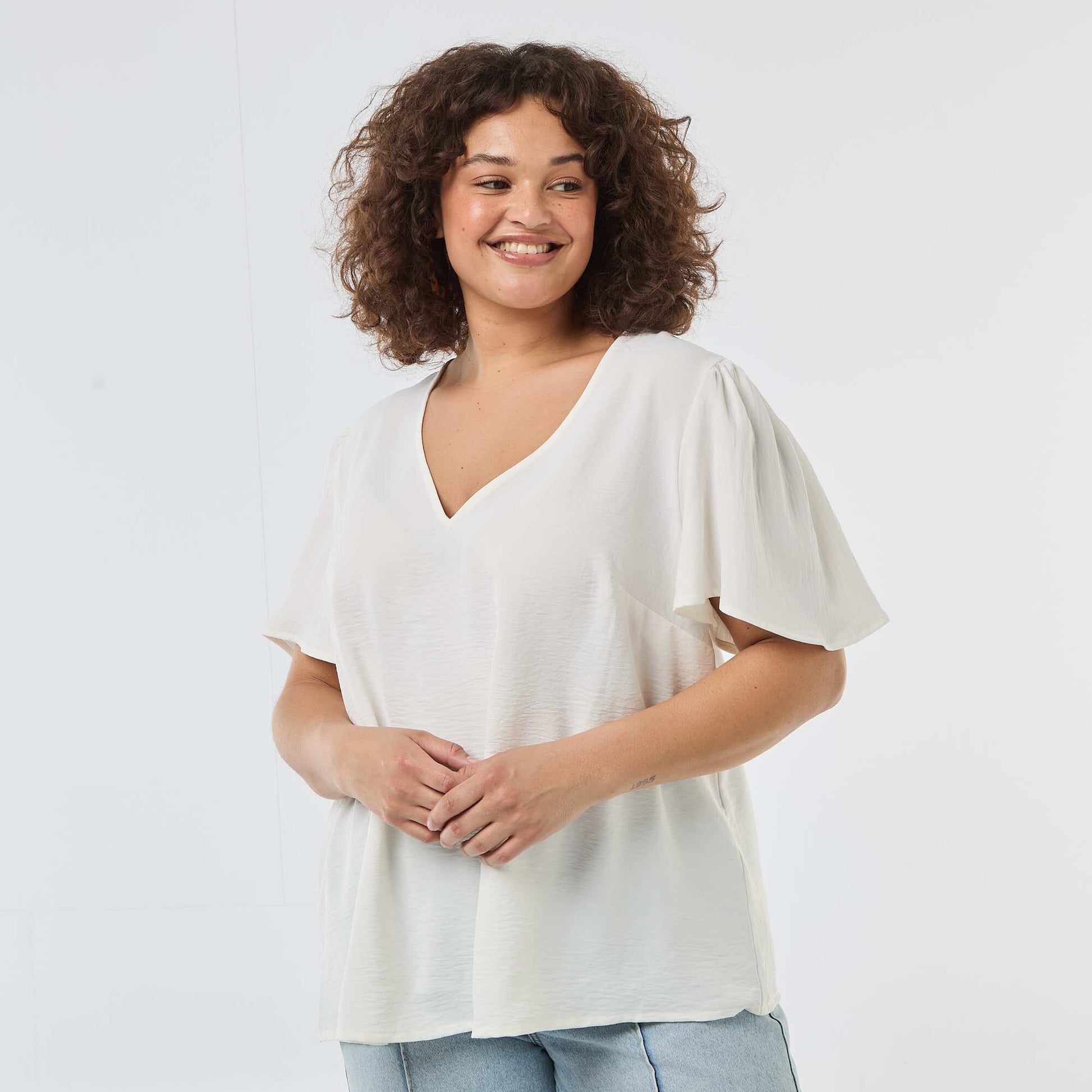 Blouse fluide uni à manches courtes BLANC