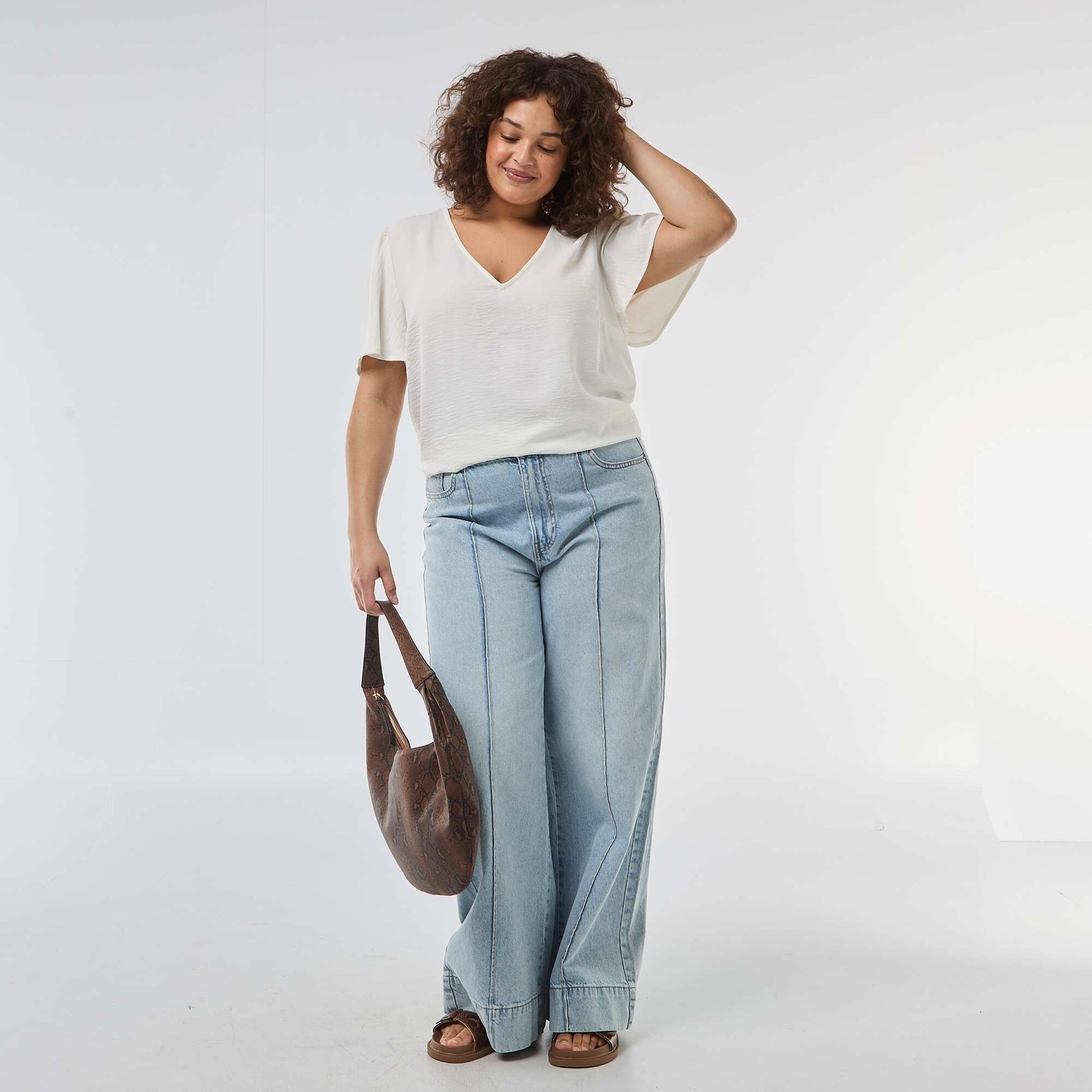 Blouse fluide uni à manches courtes BLANC