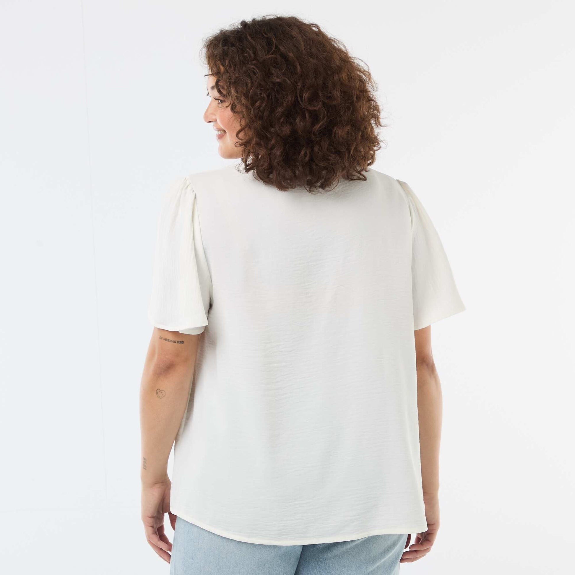 Blouse fluide uni à manches courtes BLANC