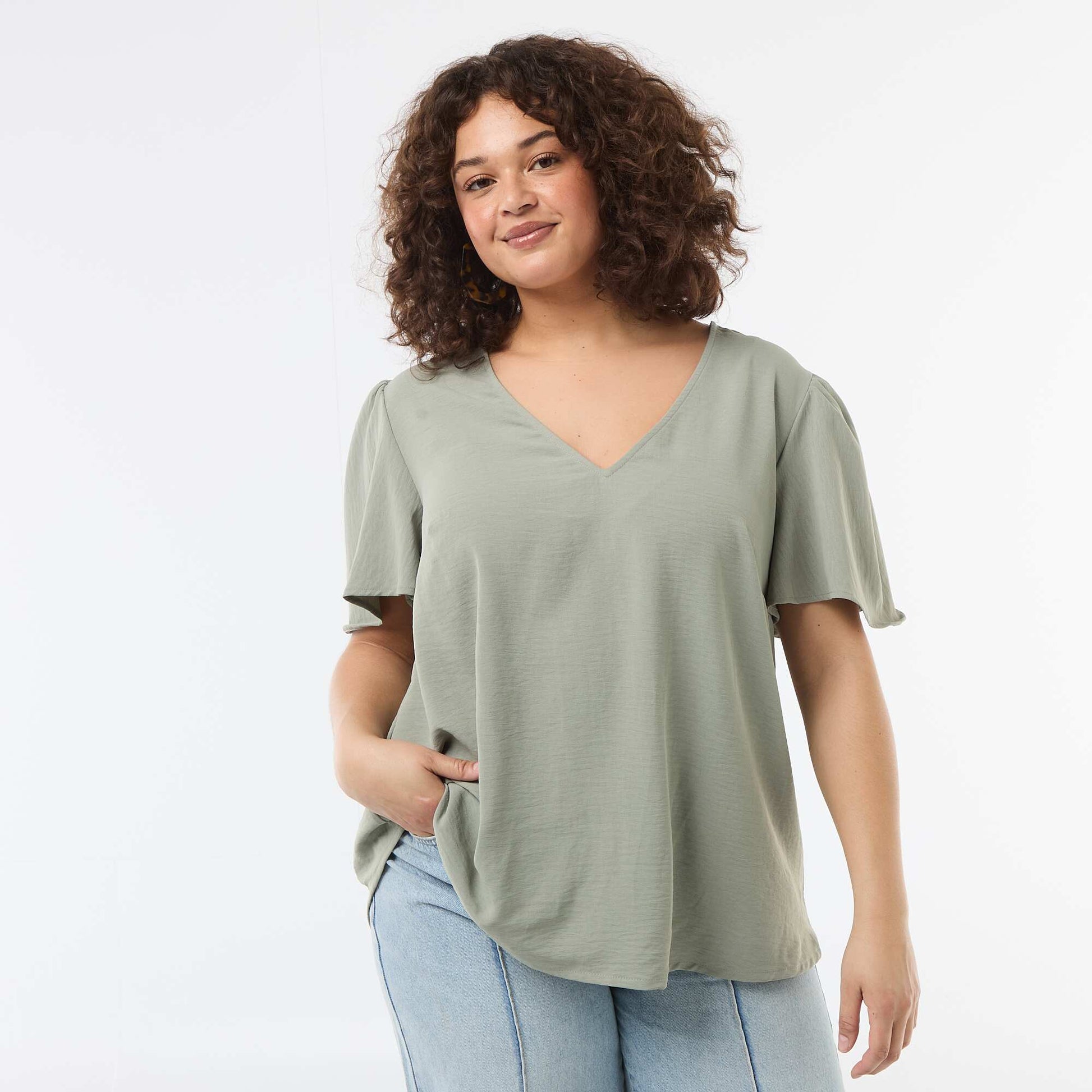 Blouse fluide uni à manches courtes VERT