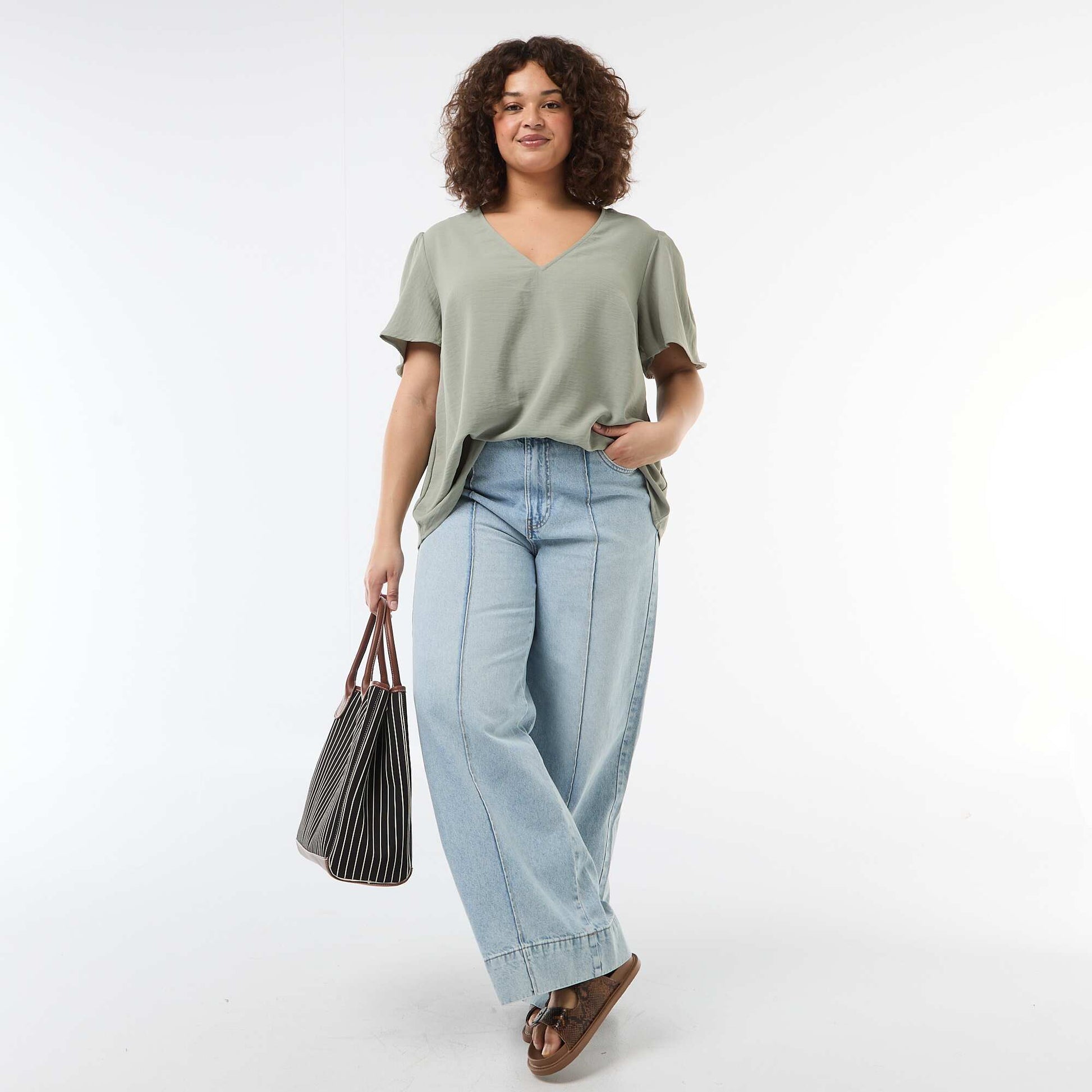 Blouse fluide uni à manches courtes VERT