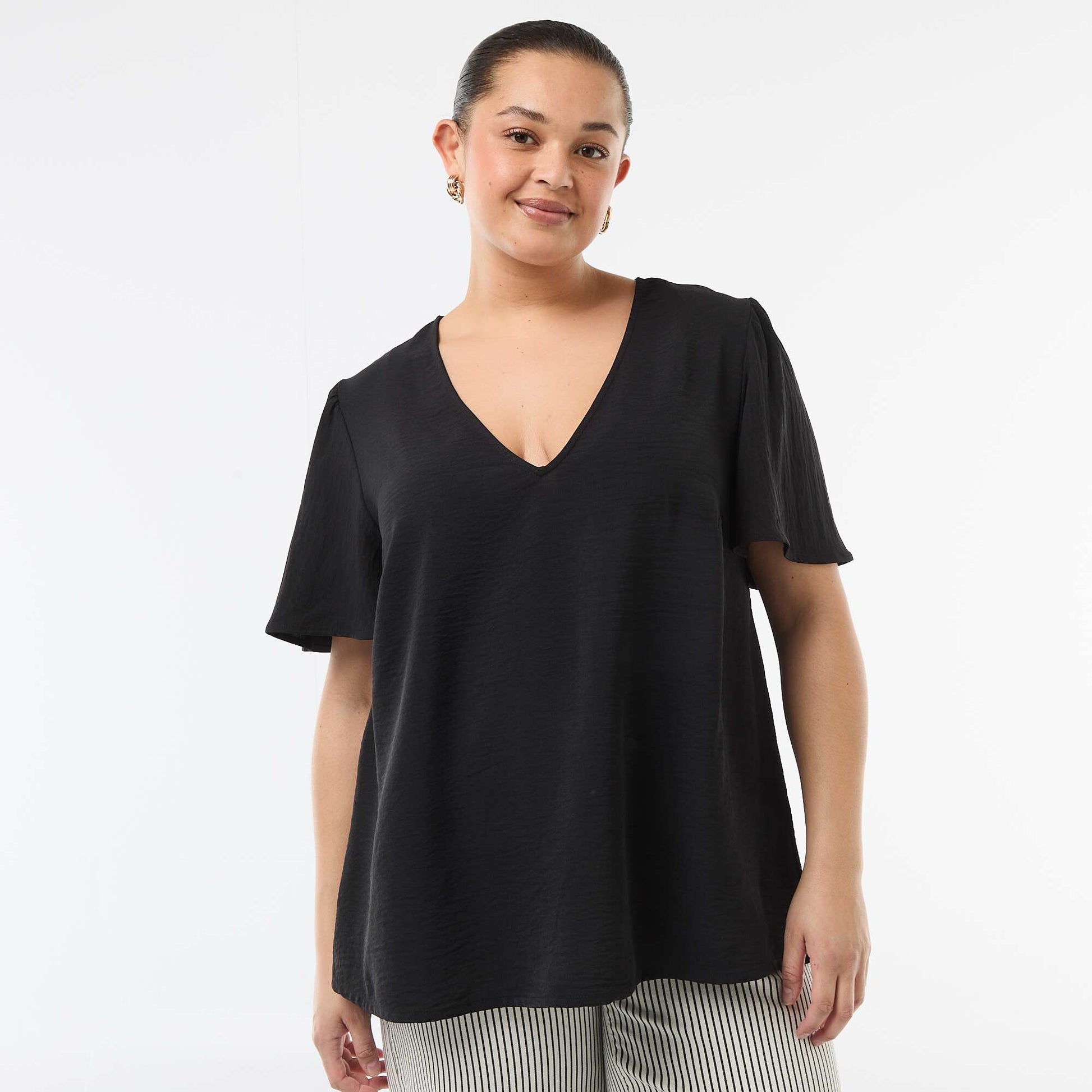 Blouse fluide uni à manches courtes NOIR