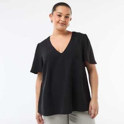 Blouse fluide uni à manches courtes NOIR