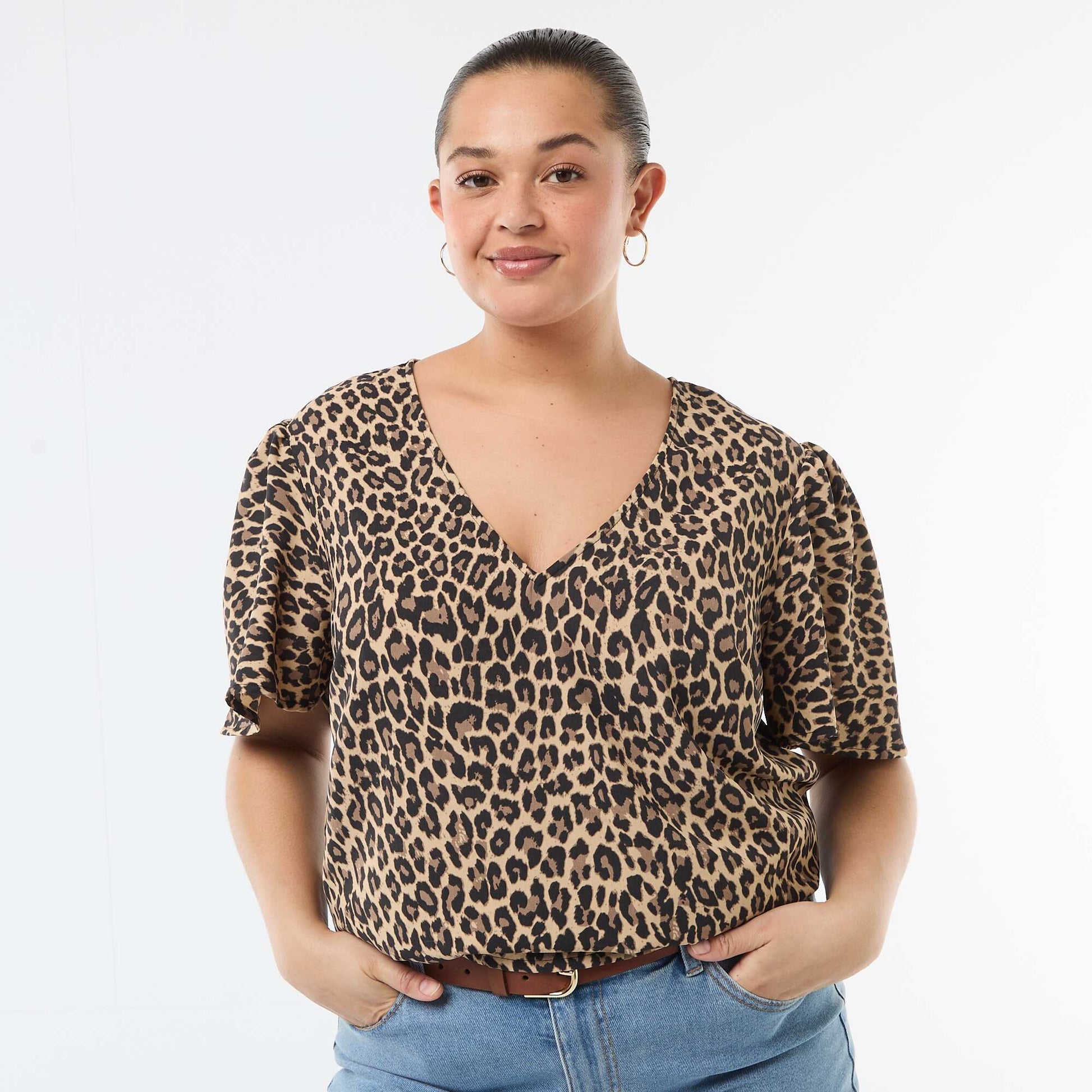 Blouse fluide uni à manches courtes BEIGE