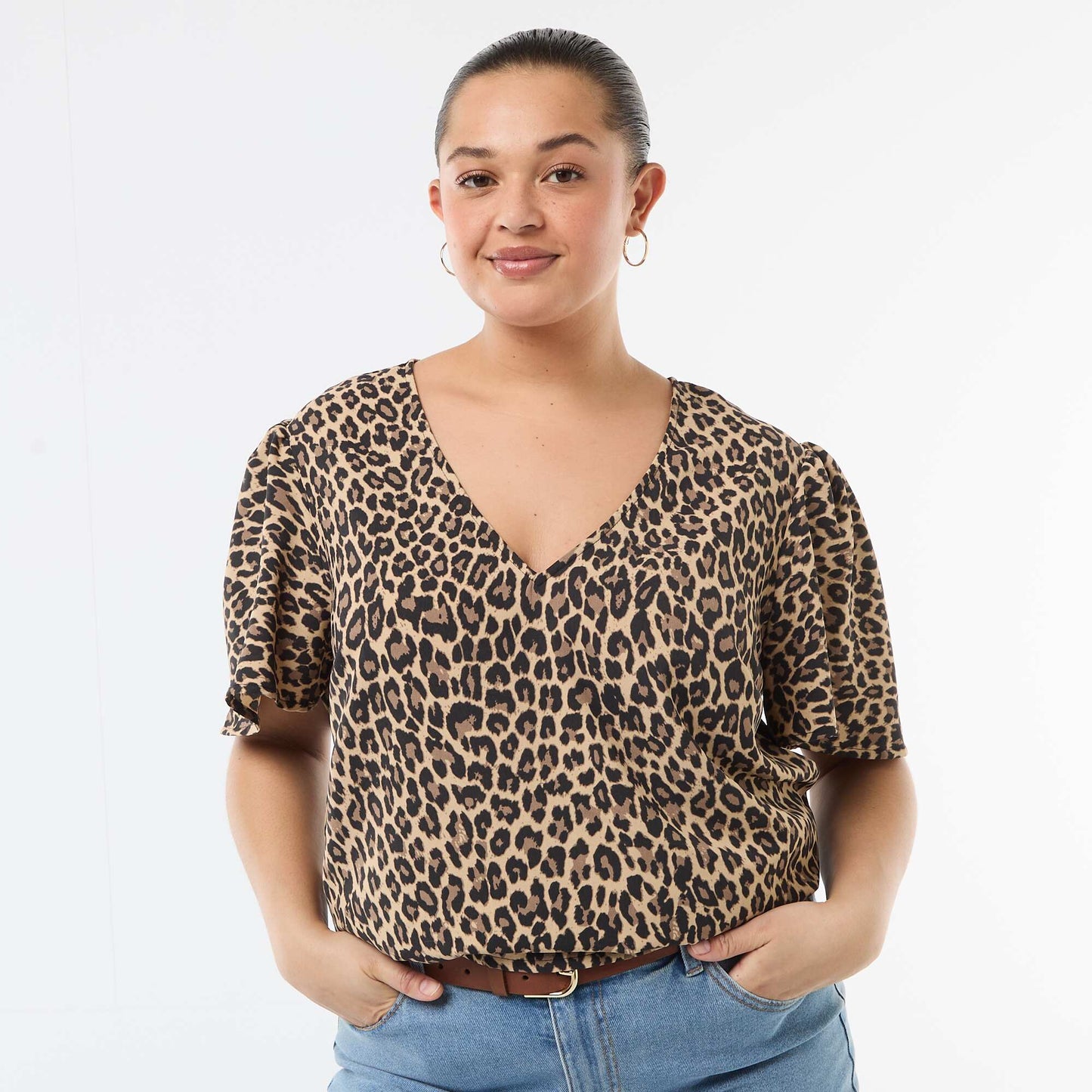 Blouse fluide uni à manches courtes BEIGE