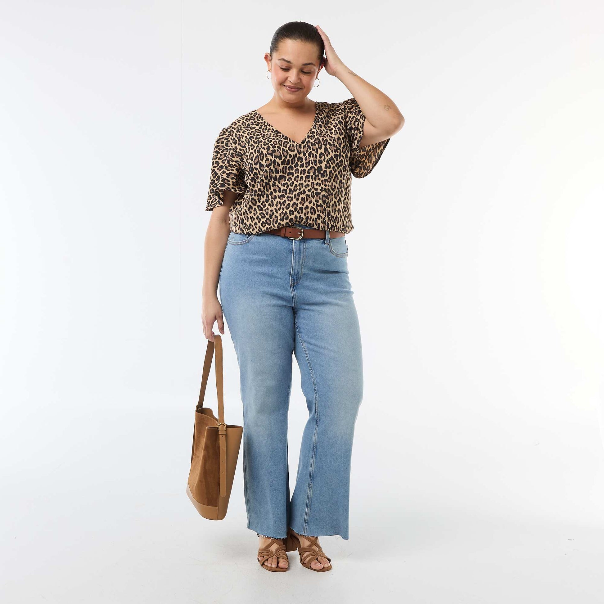 Blouse fluide uni à manches courtes BEIGE