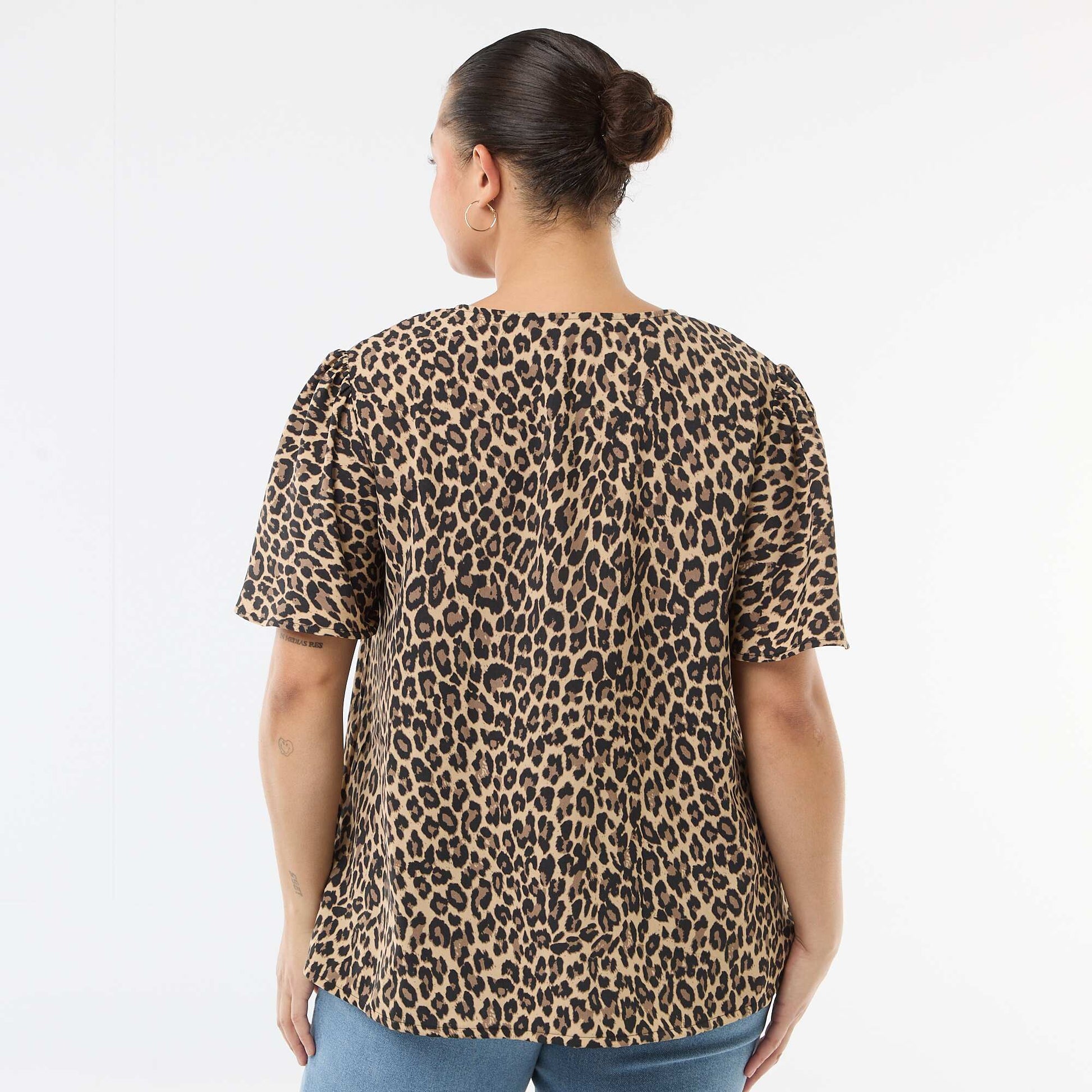 Blouse fluide uni à manches courtes BEIGE