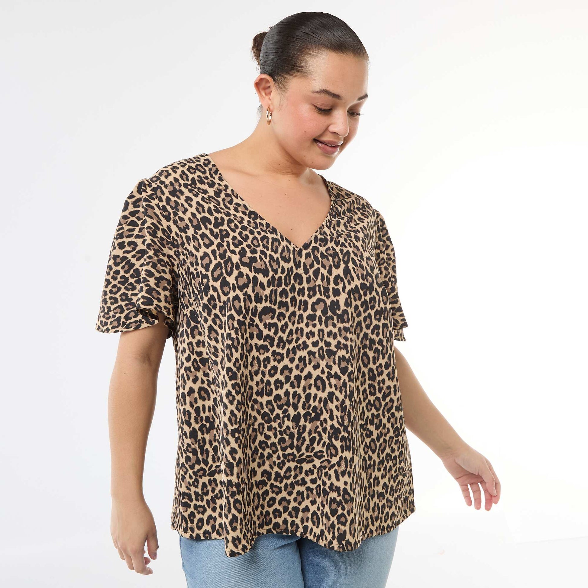 Blouse fluide uni à manches courtes BEIGE