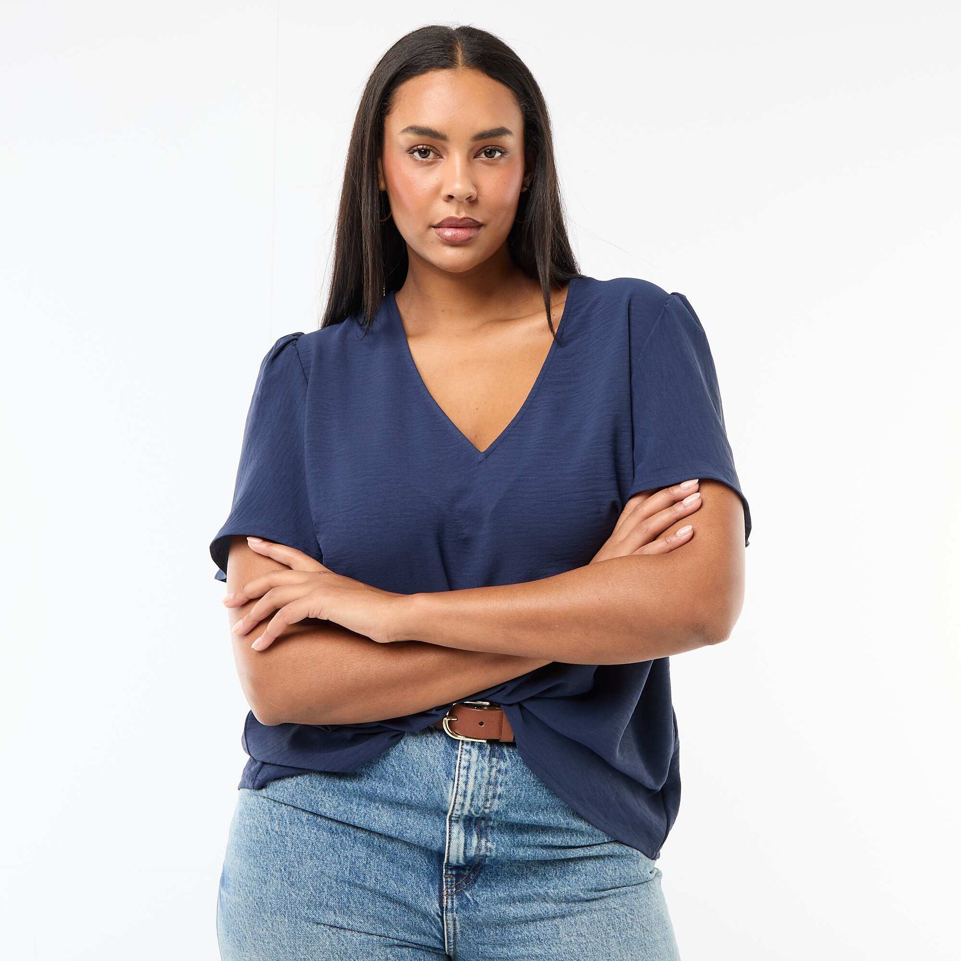 Blouse fluide uni à manches courtes BLEU FONCé