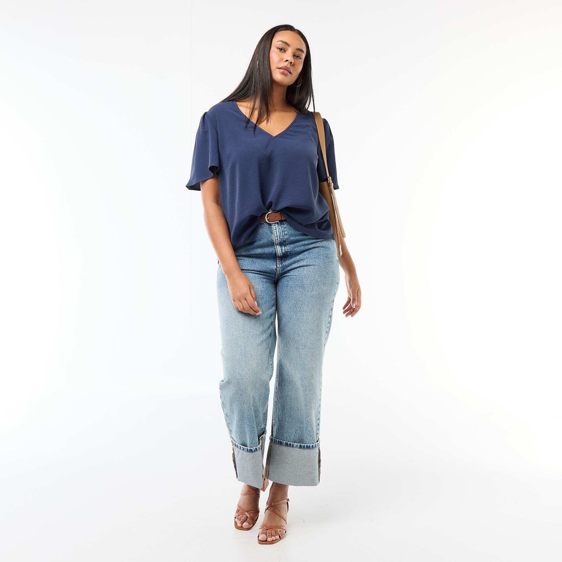Blouse fluide uni à manches courtes BLEU FONCé