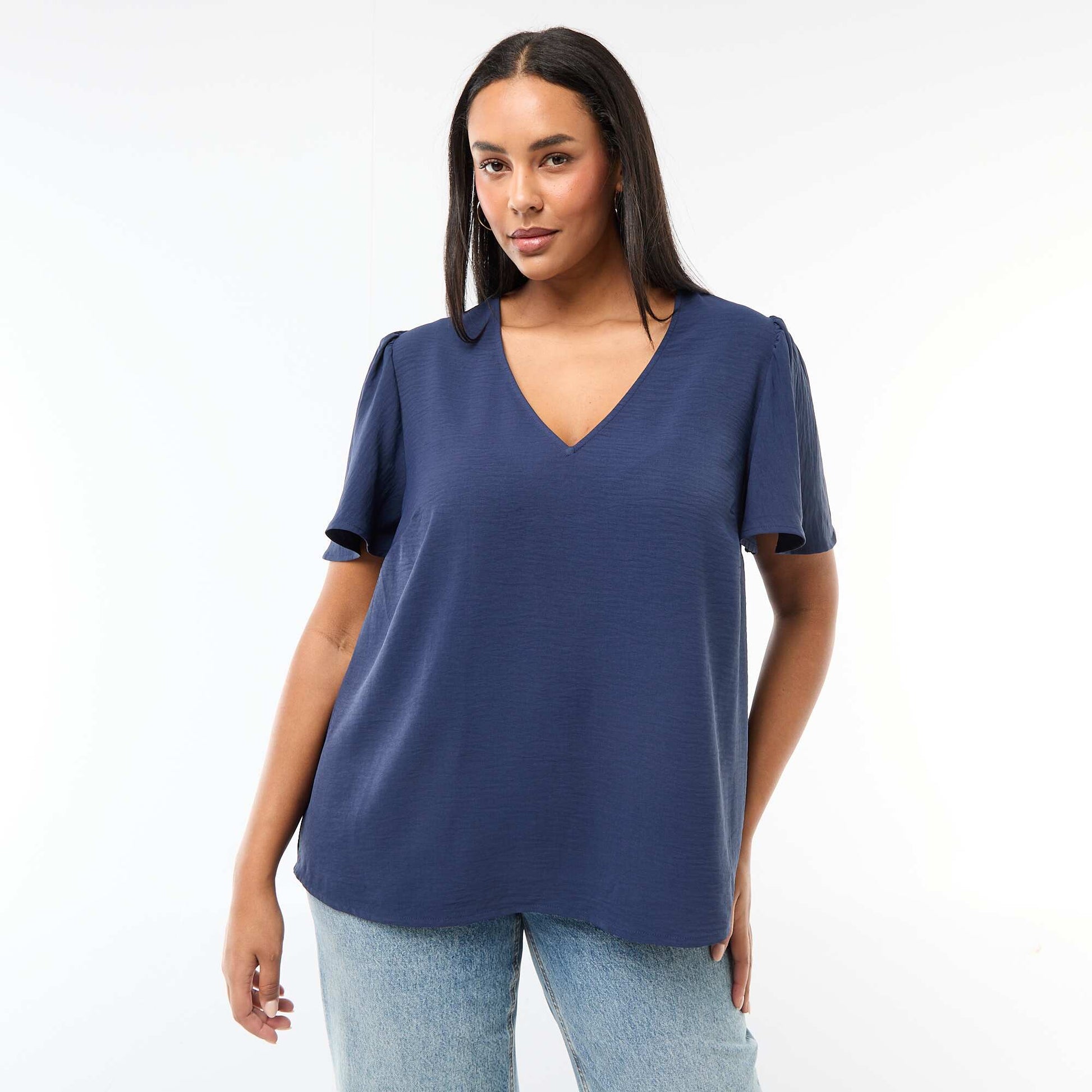 Blouse fluide uni à manches courtes BLEU FONCé