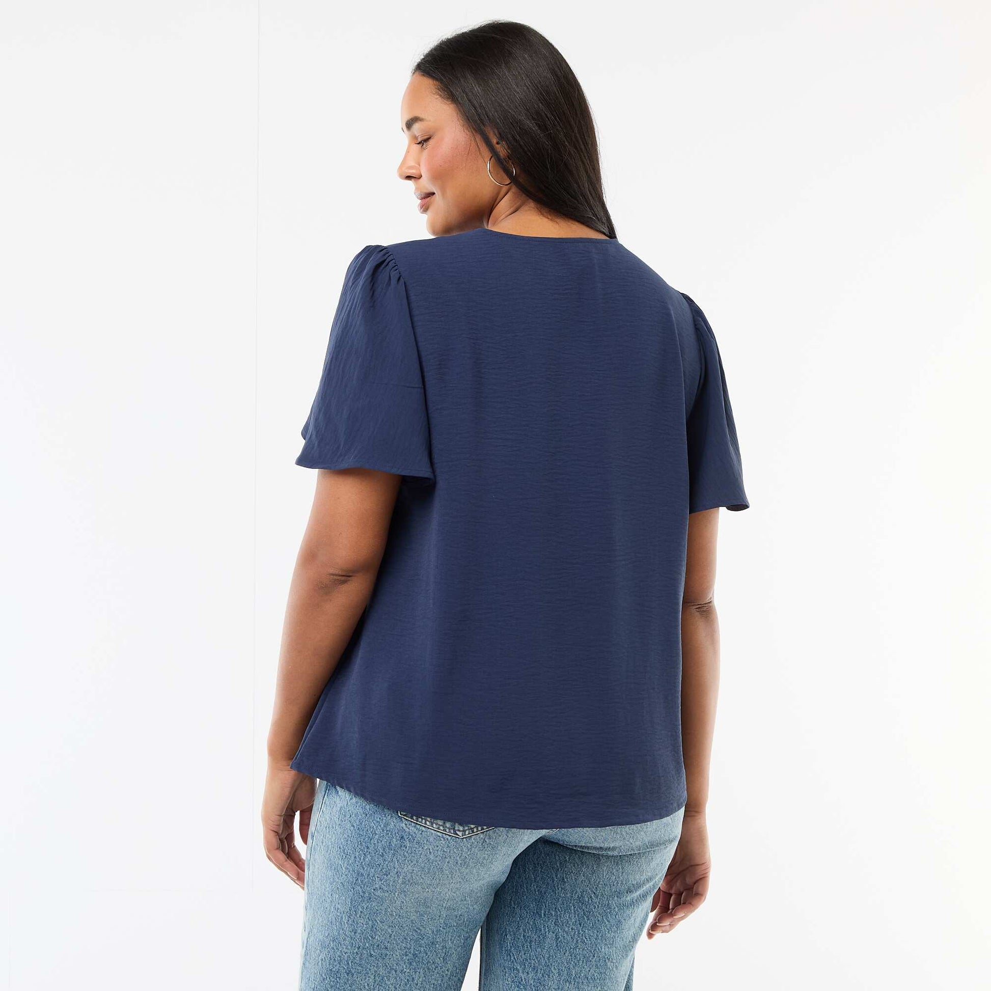 Blouse fluide uni à manches courtes BLEU FONCé