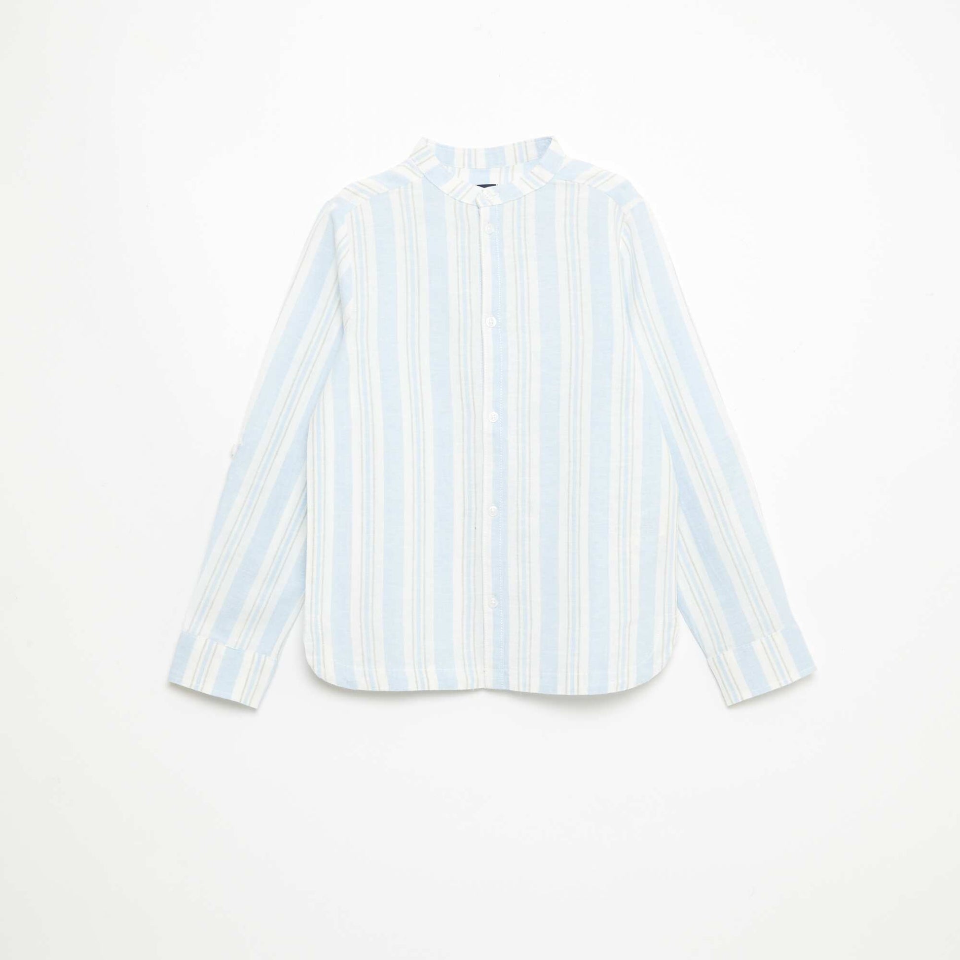 Chemise rayée col mao en lin et coton BLEU