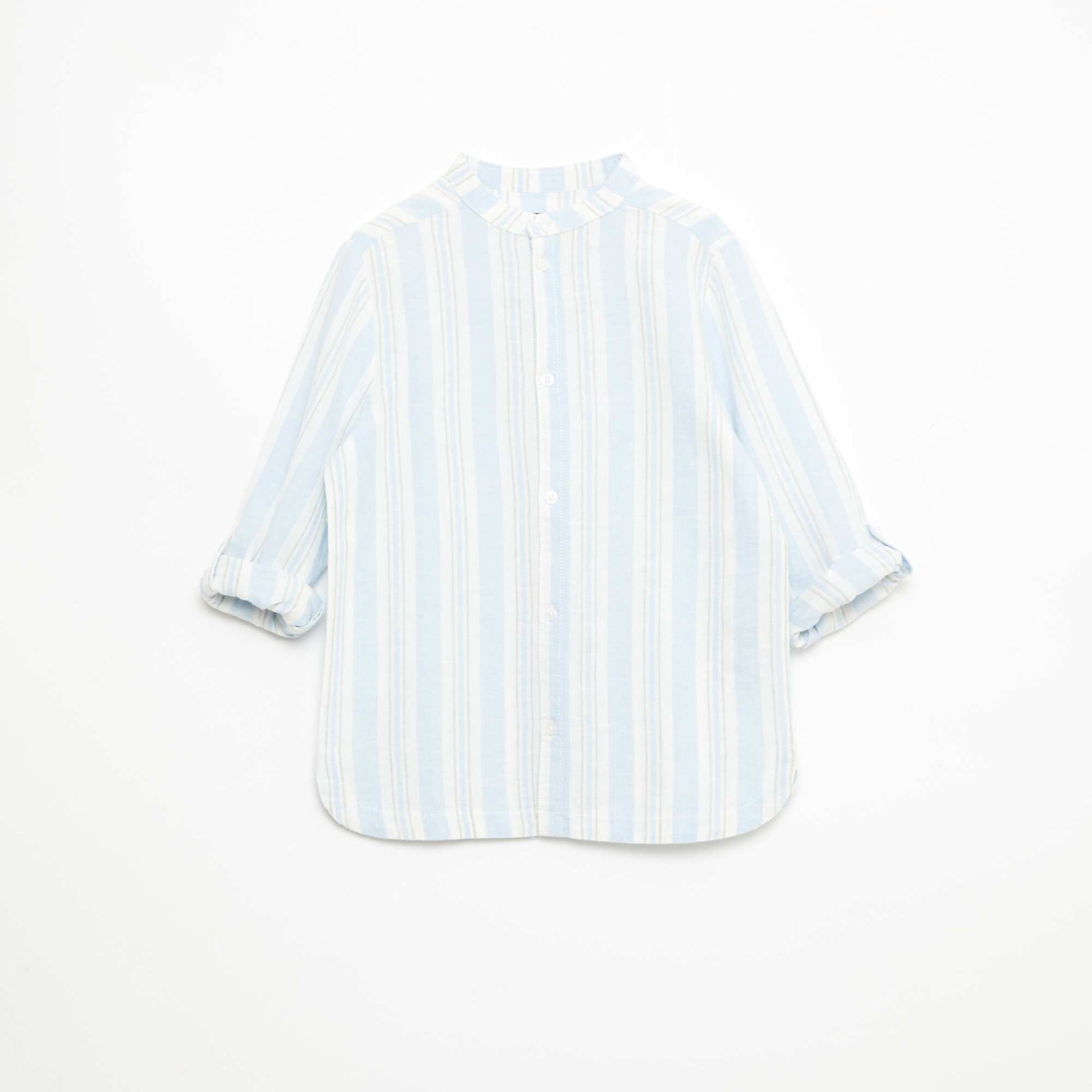 Chemise rayée col mao en lin et coton BLEU