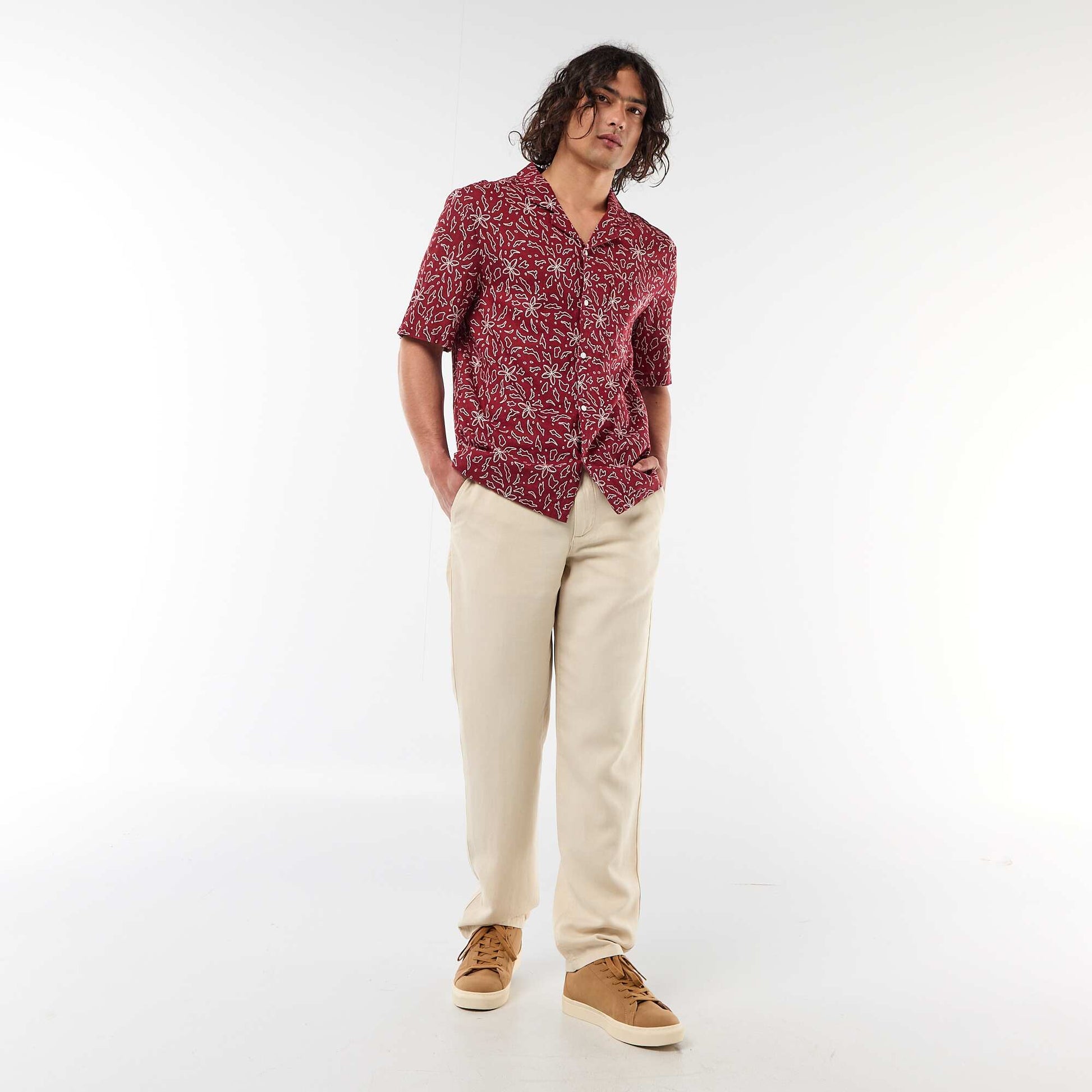 Chemise en lin mélangé à manches courtes ROUGE