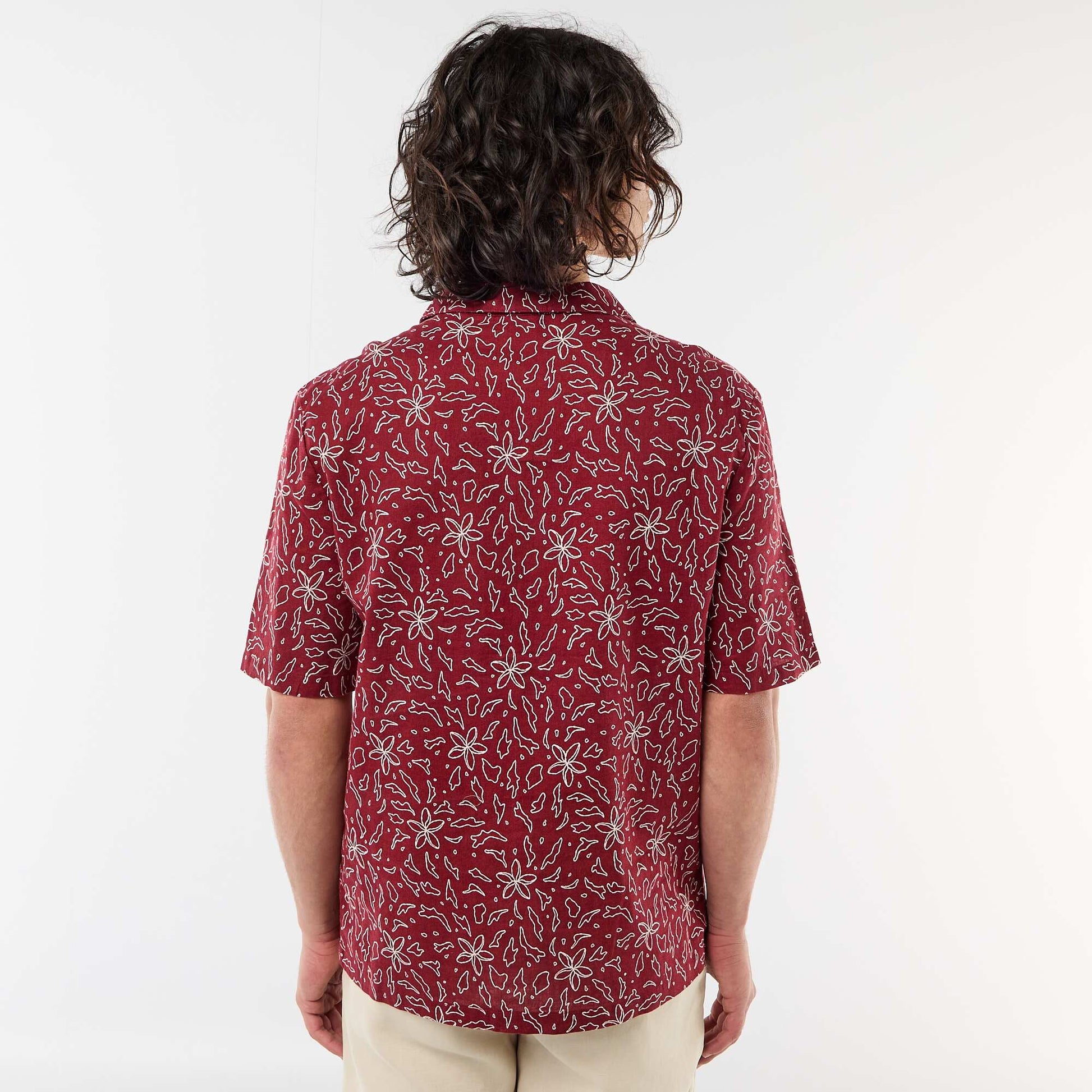 Chemise en lin mélangé à manches courtes ROUGE