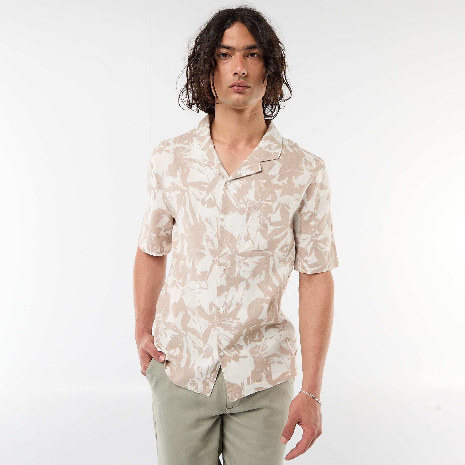 Chemise en lin mélangé à manches courtes BLANC