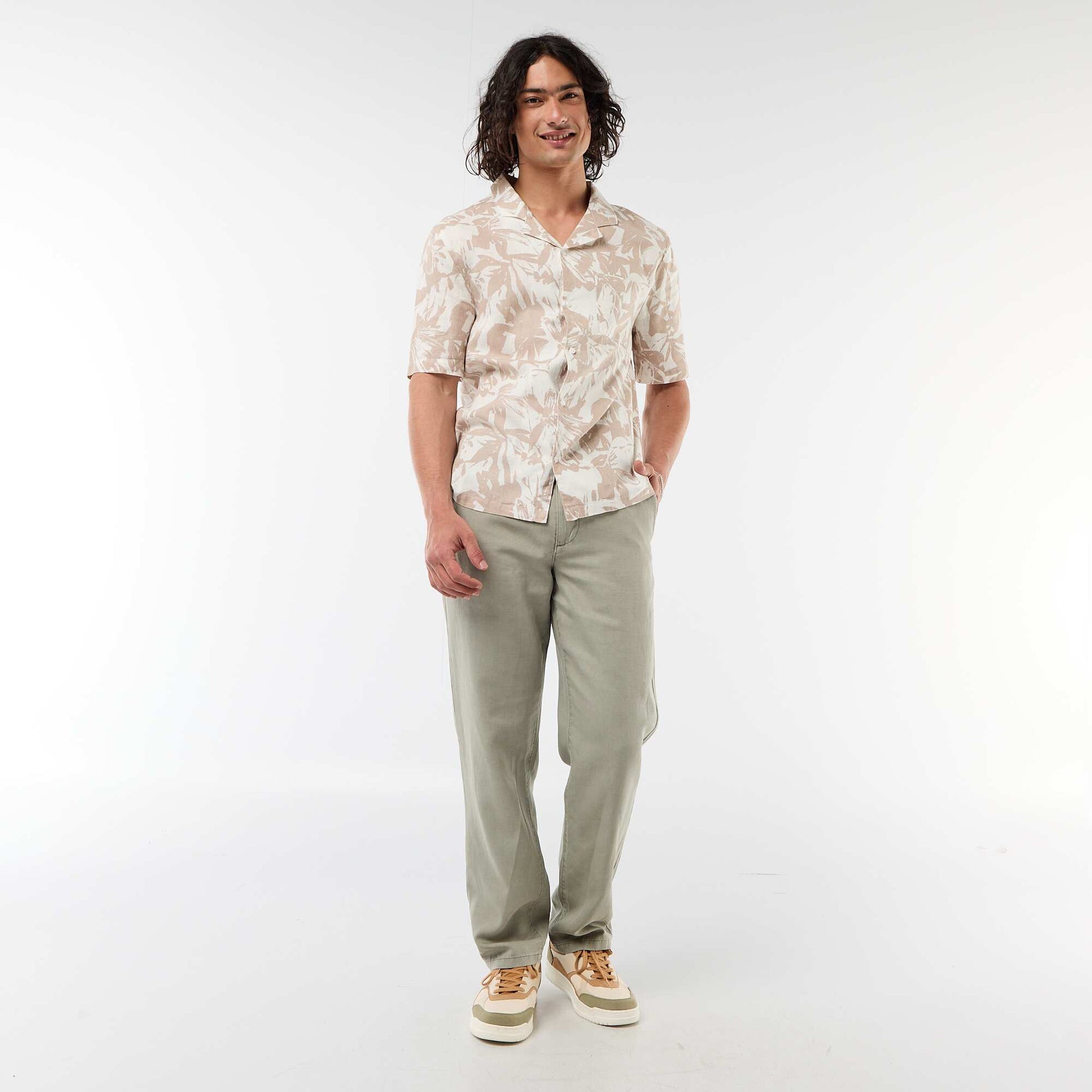 Chemise en lin mélangé à manches courtes BLANC
