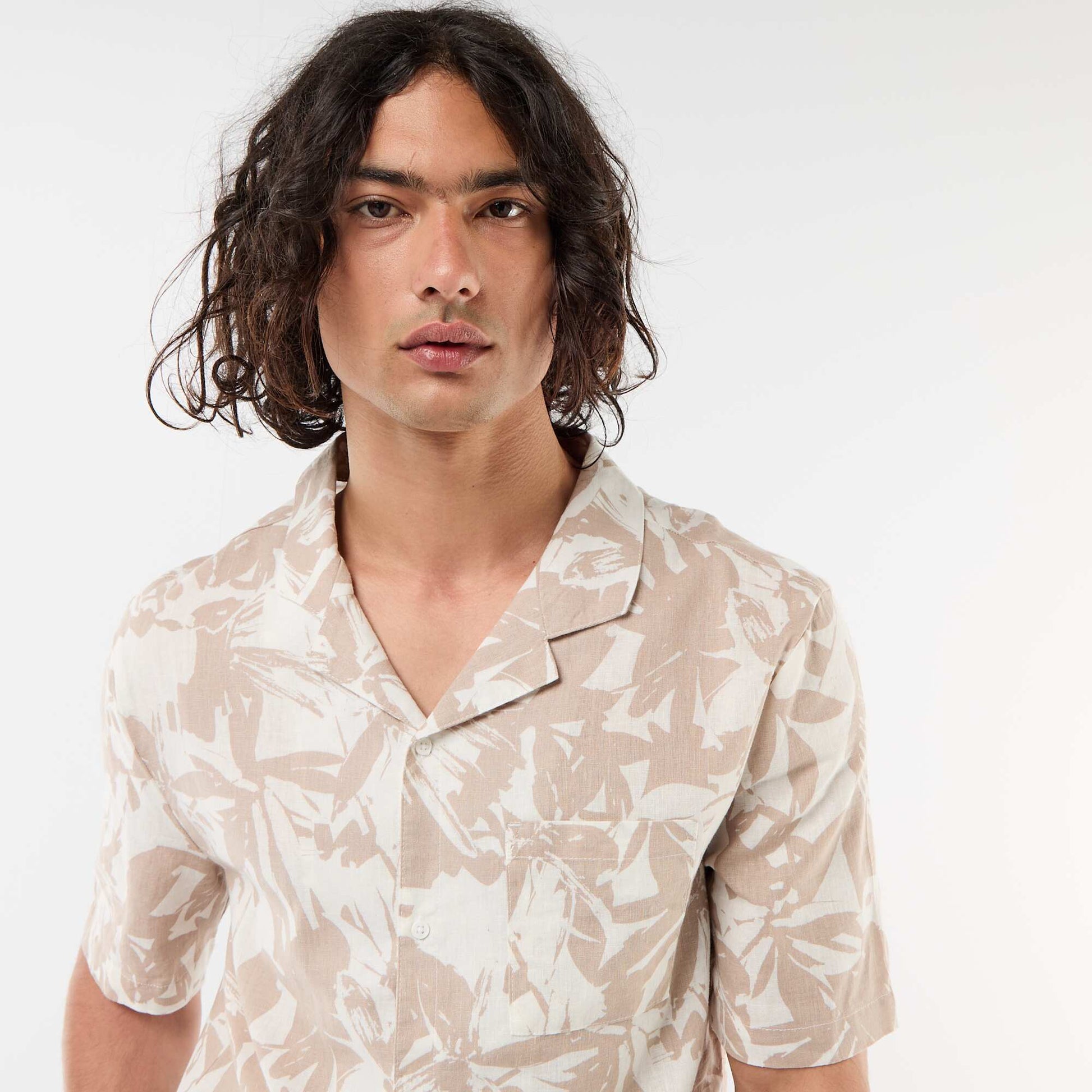 Chemise en lin mélangé à manches courtes BLANC
