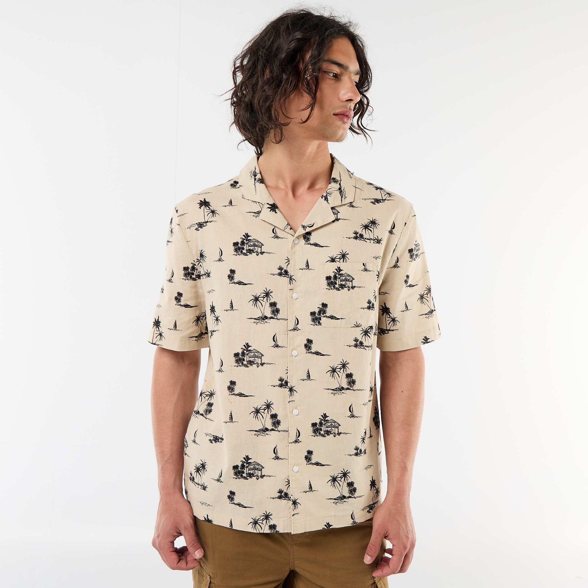Chemise en lin mélangé à manches courtes BEIGE