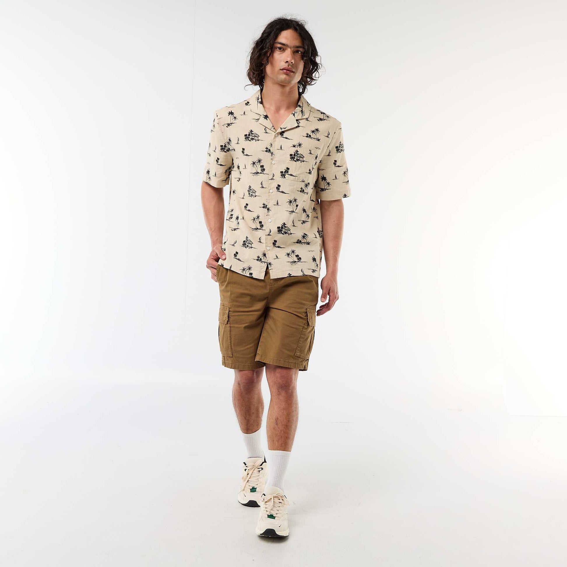 Chemise en lin mélangé à manches courtes BEIGE