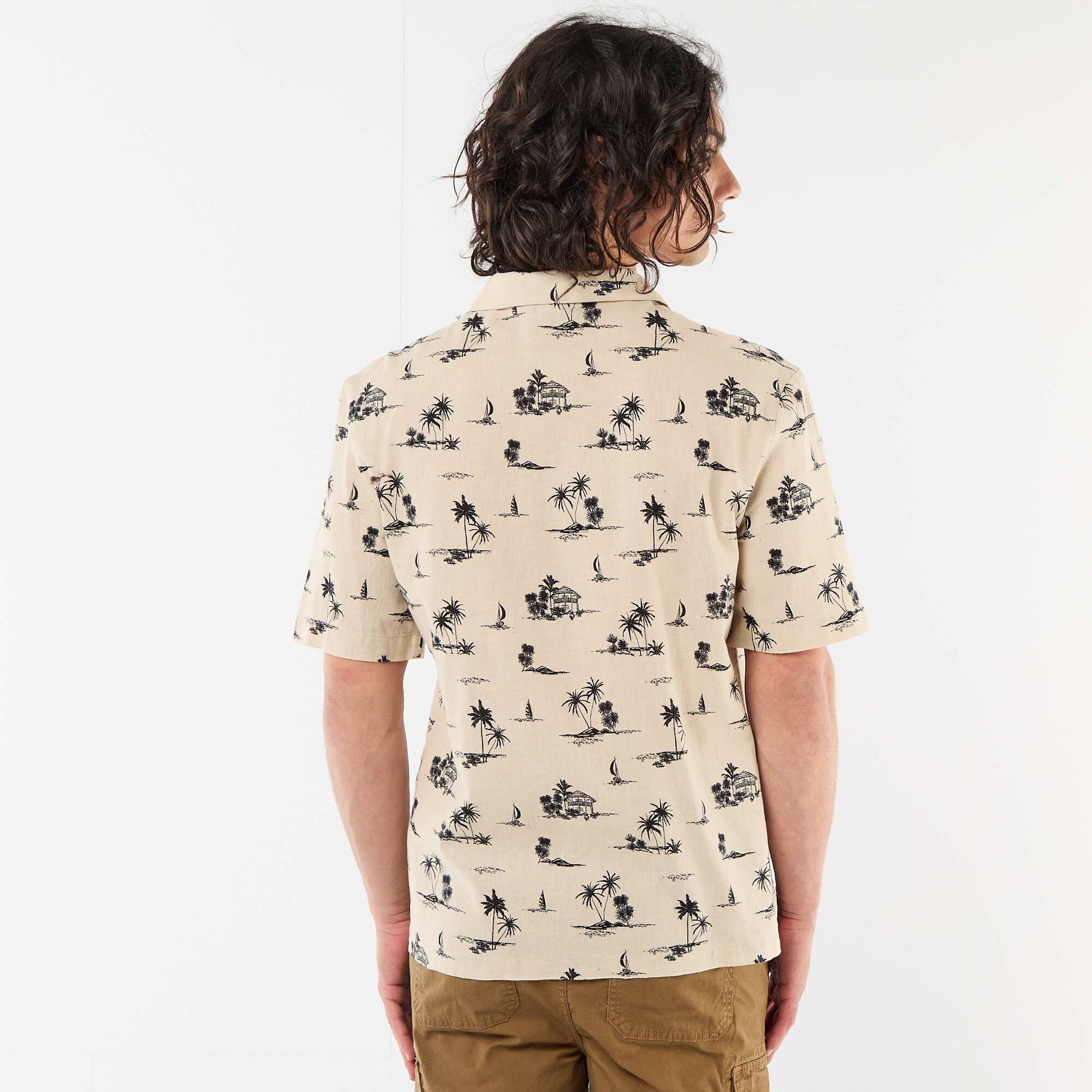 Chemise en lin mélangé à manches courtes BEIGE