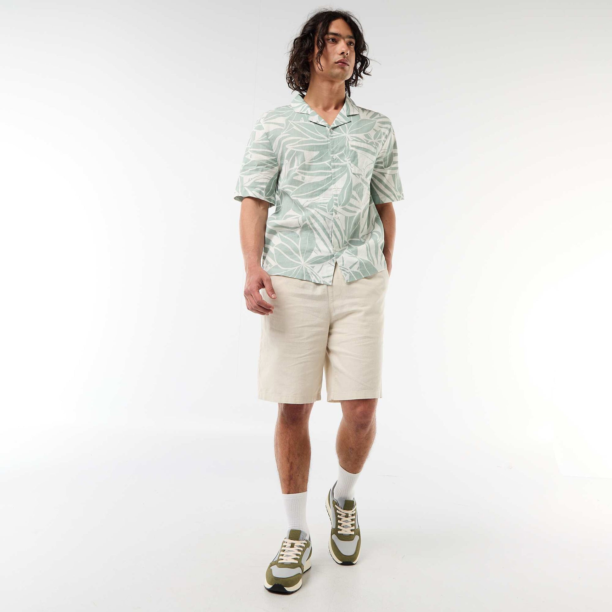 Chemise en lin mélangé à manches courtes VERT