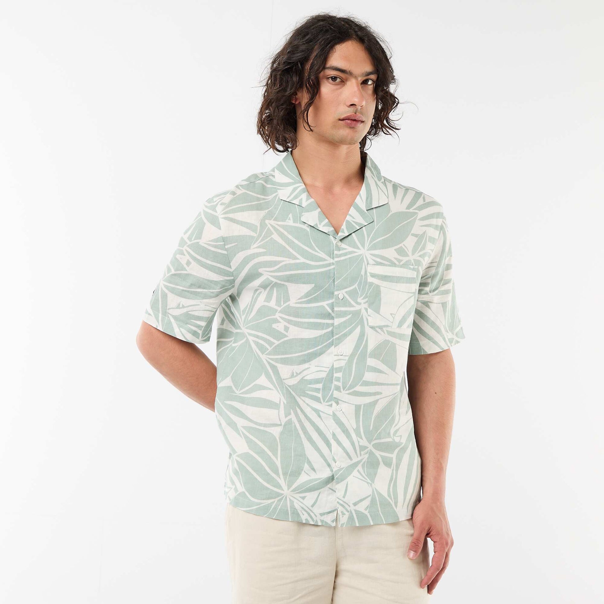 Chemise en lin mélangé à manches courtes VERT