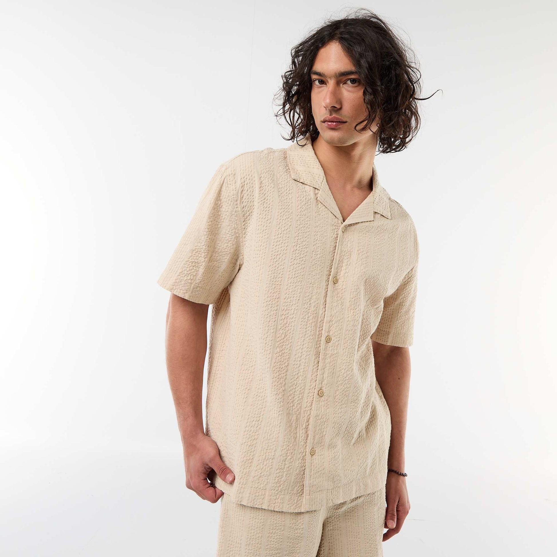 Chemise en maille gaufrée à manches courtes BEIGE