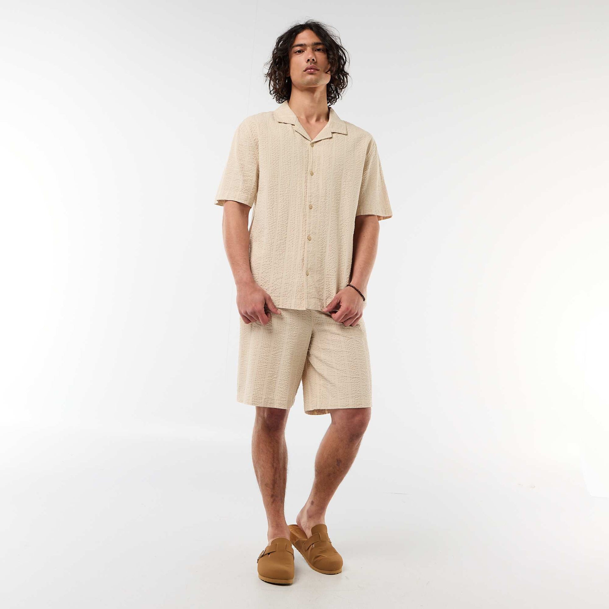 Chemise en maille gaufrée à manches courtes BEIGE