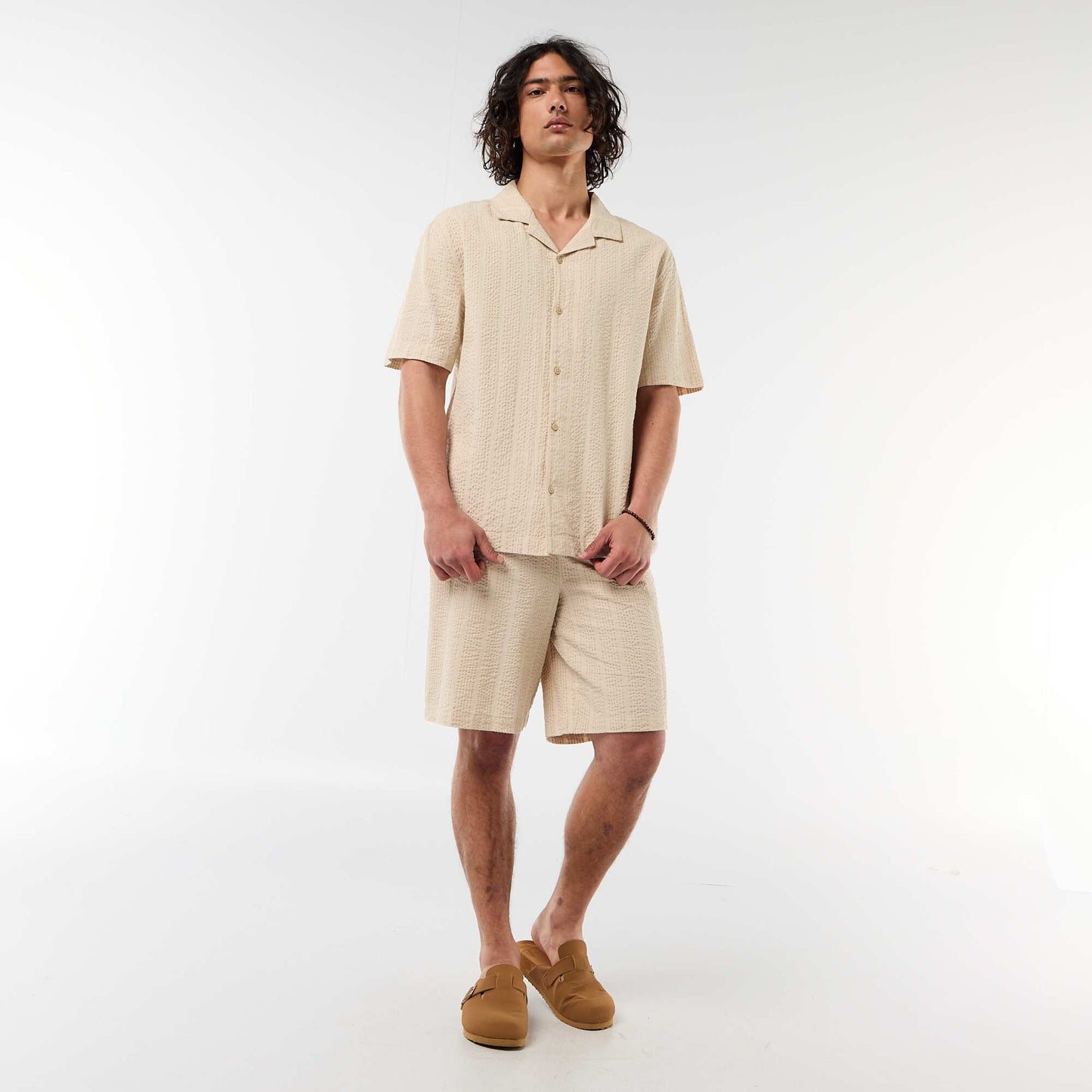 Chemise en maille gaufrée à manches courtes BEIGE
