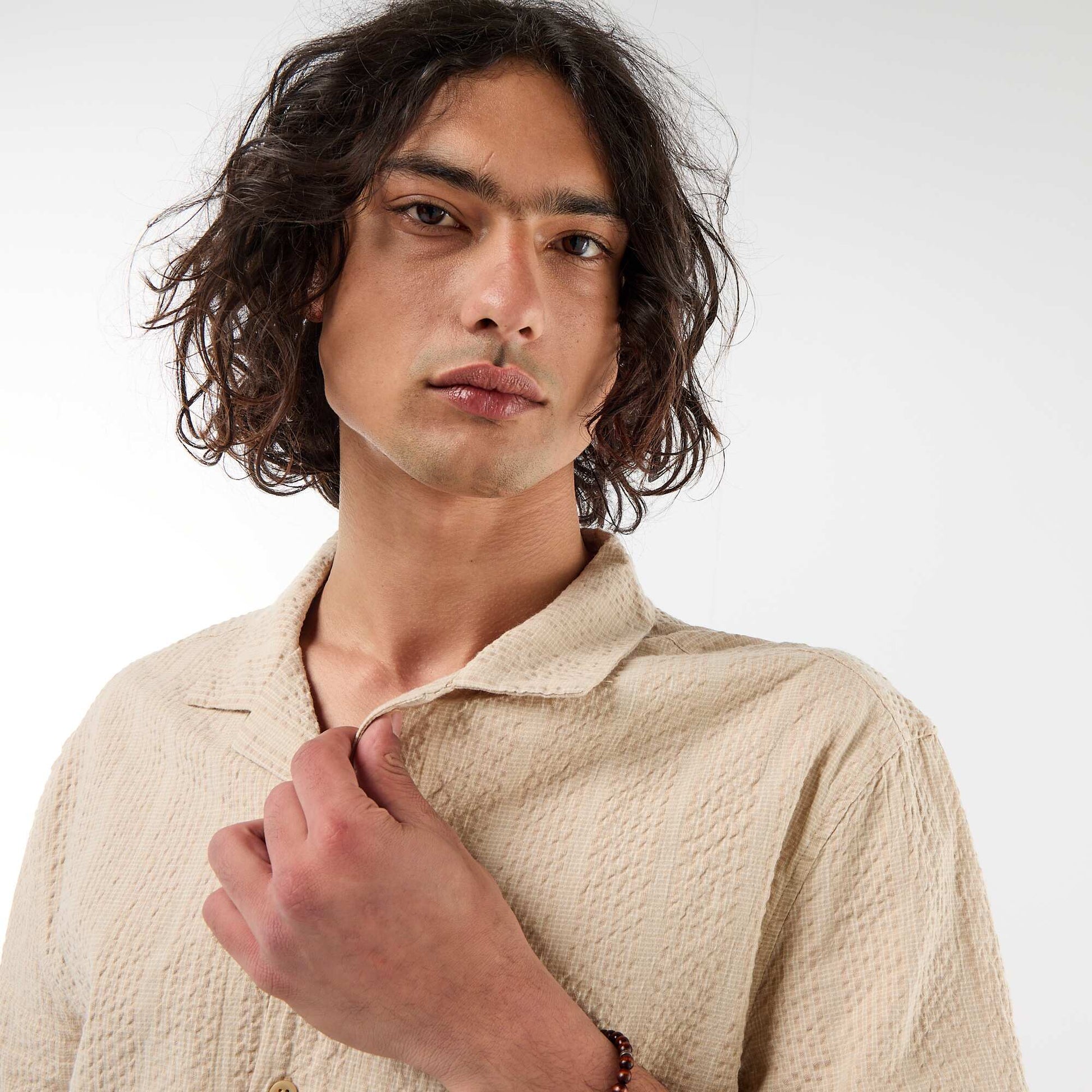 Chemise en maille gaufrée à manches courtes BEIGE