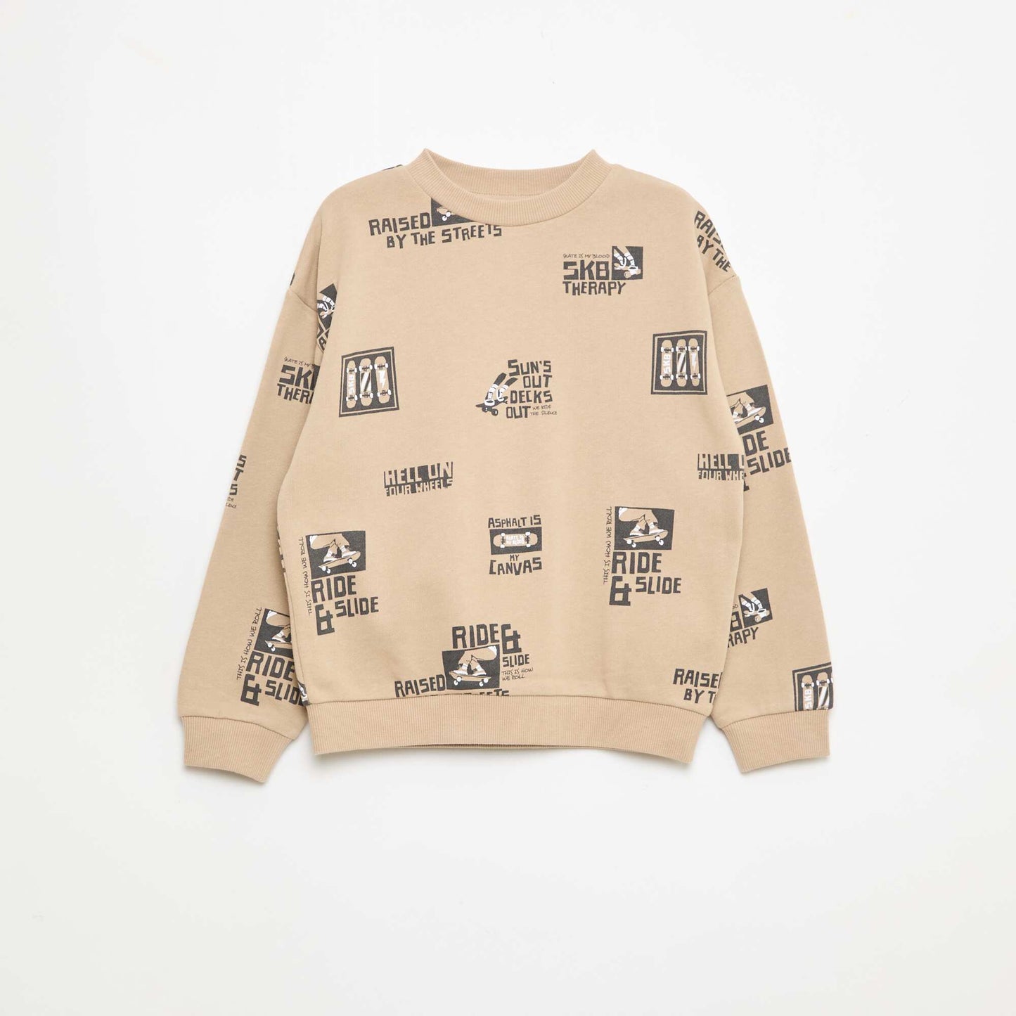 Pull col rond imprimé en coton BEIGE