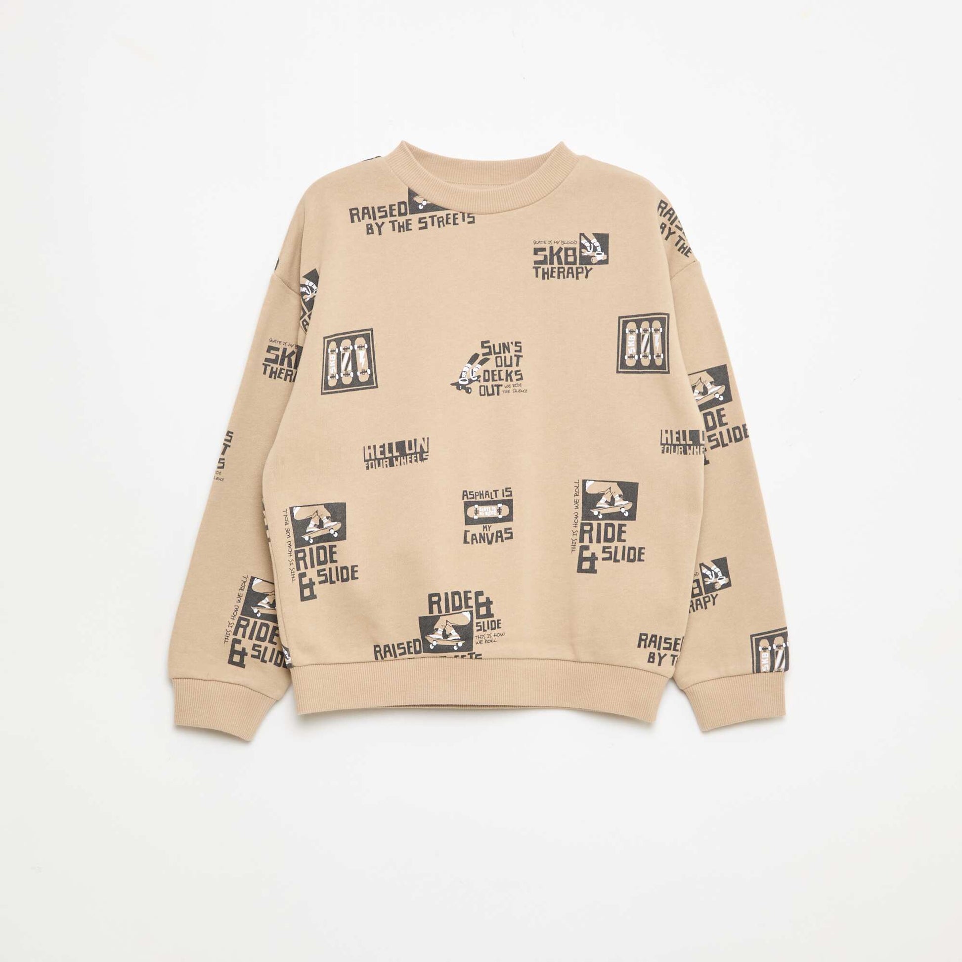 Pull col rond imprimé en coton BEIGE
