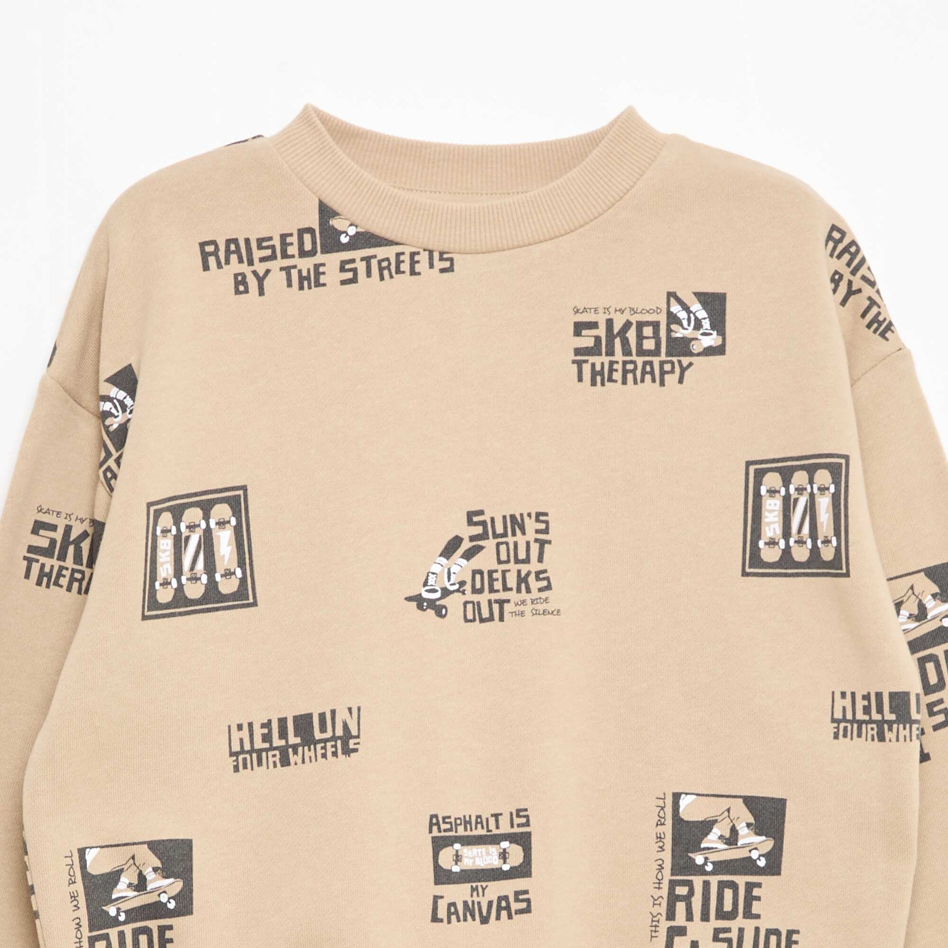 Pull col rond imprimé en coton BEIGE