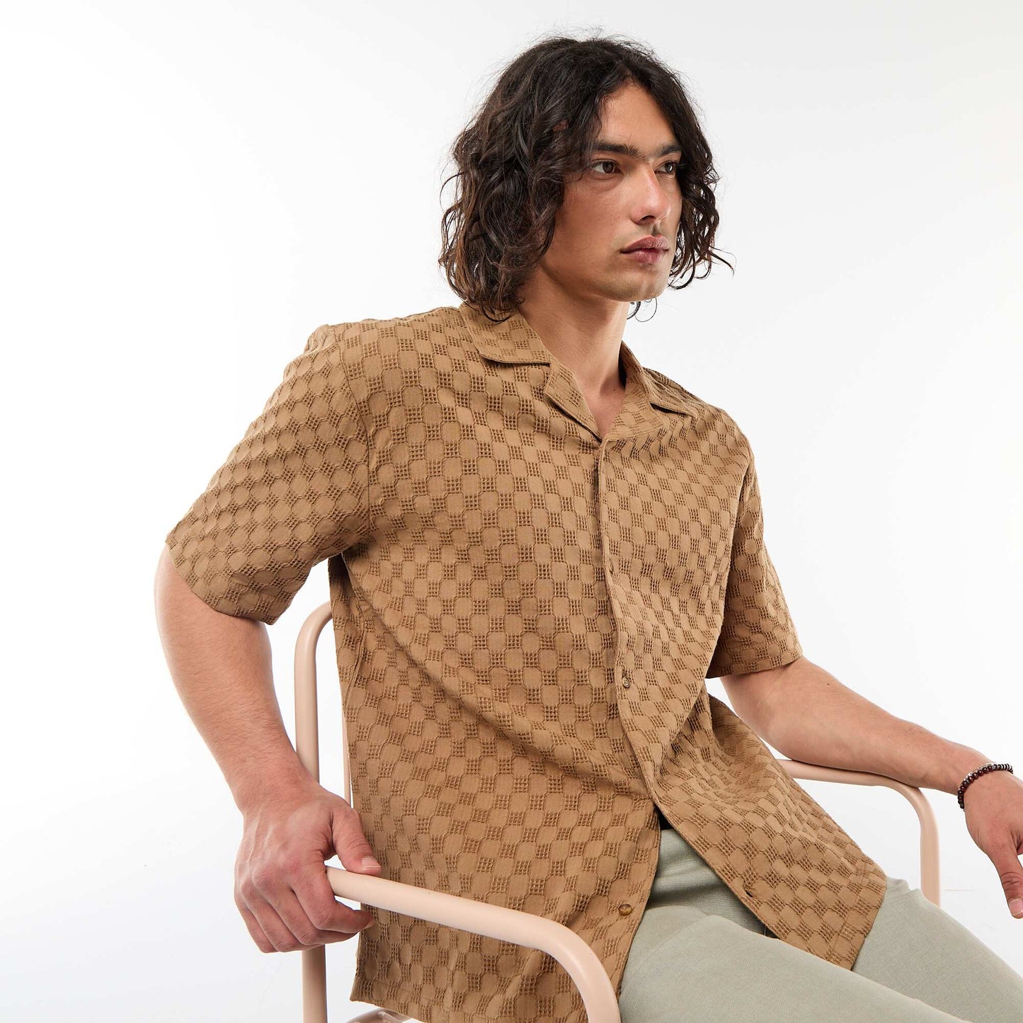 Chemise en maille fantaisie à manches courtes MARRON