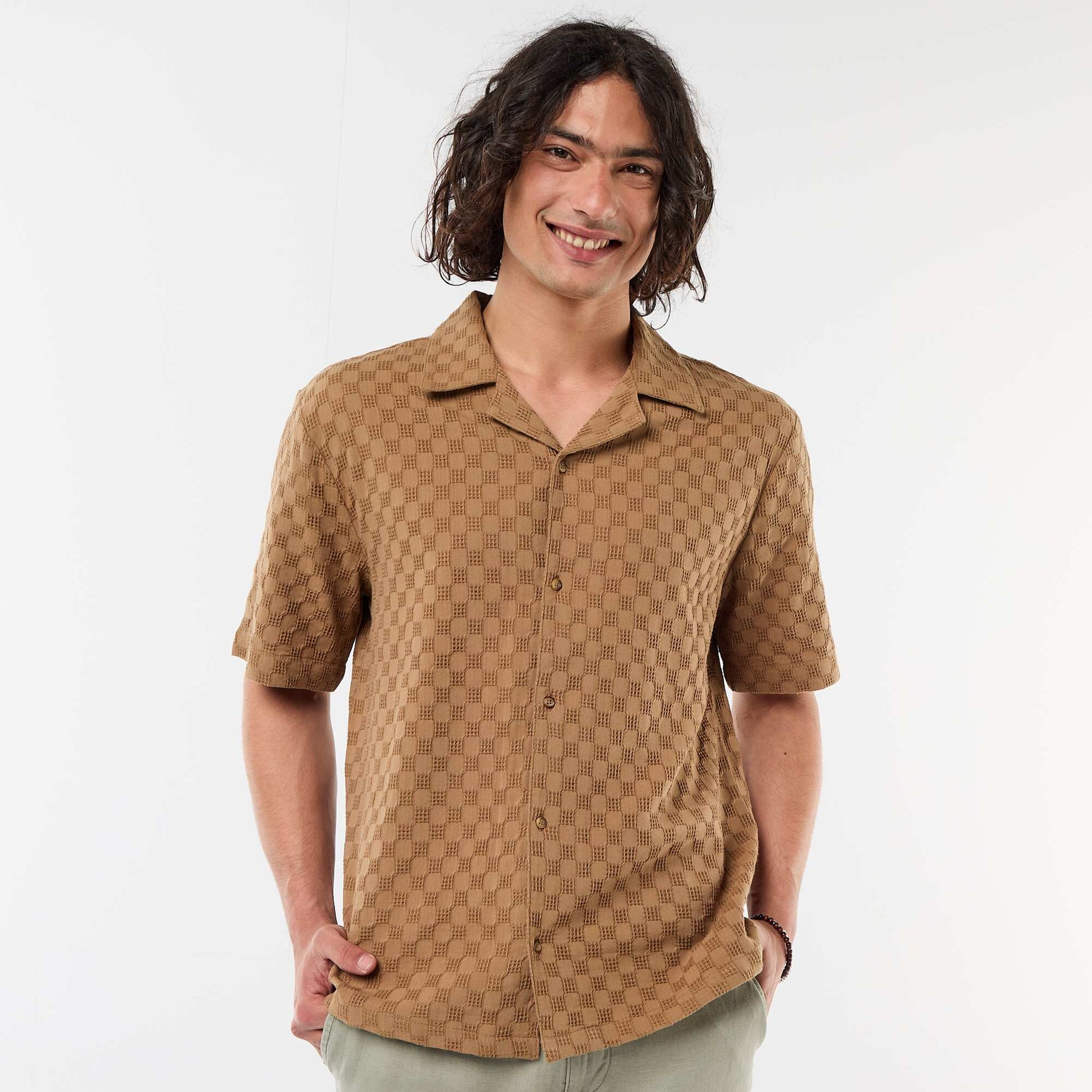 Chemise en maille fantaisie à manches courtes MARRON