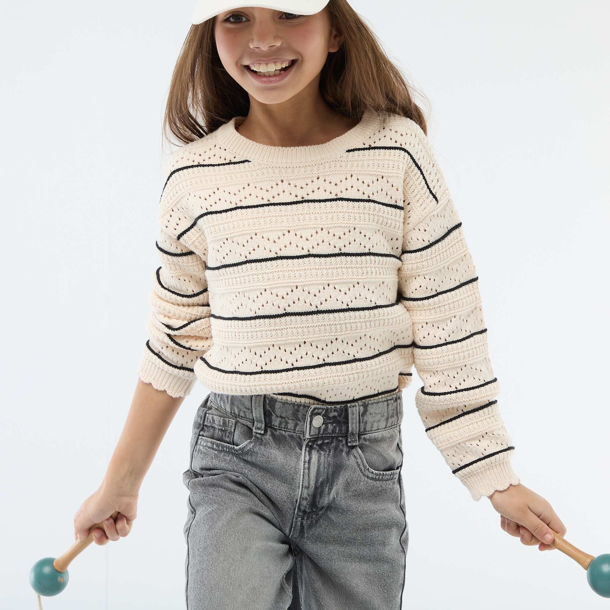 Pull col rond maillé fantaisie avec motifs ajourés en coton BLANC