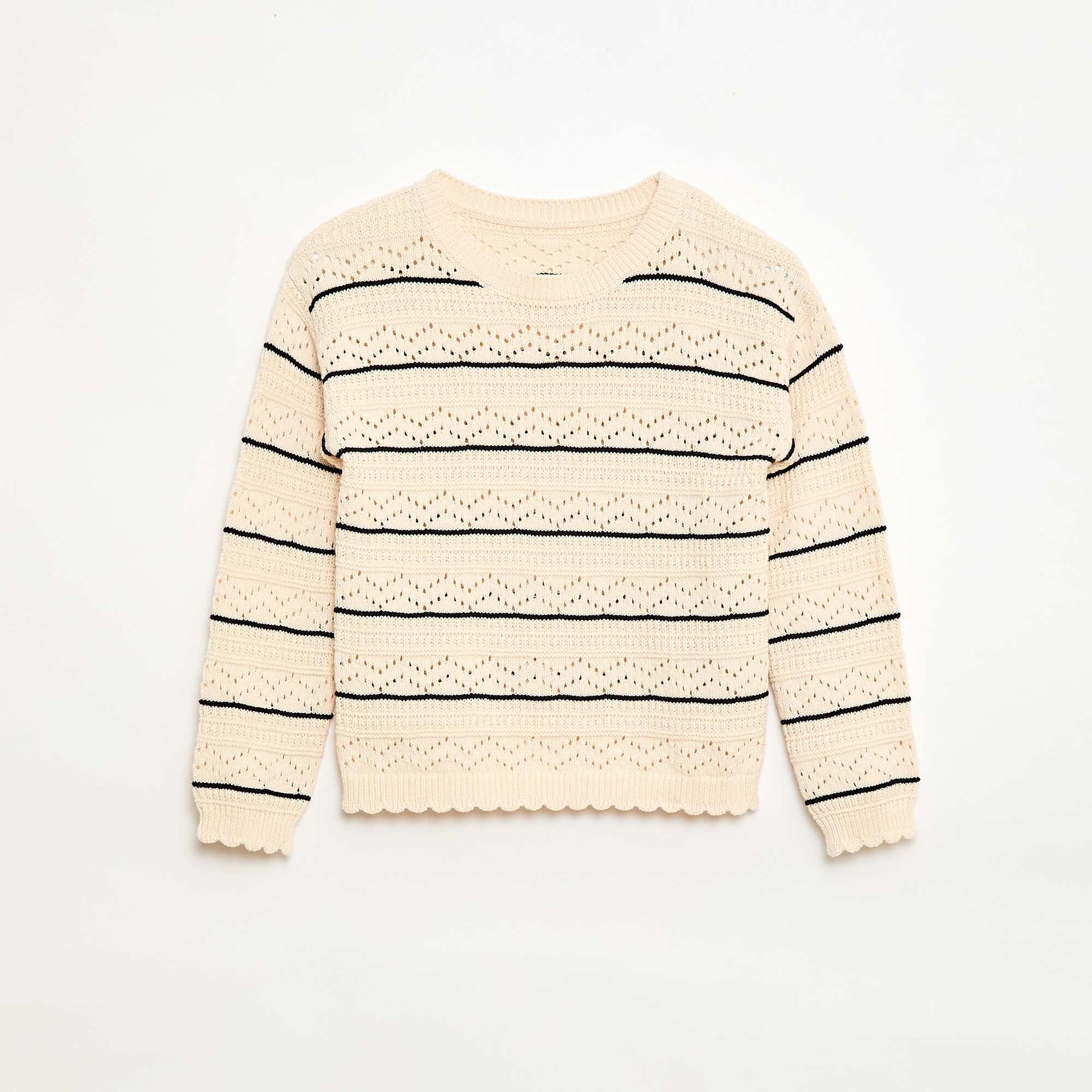 Pull col rond maillé fantaisie avec motifs ajourés en coton BLANC