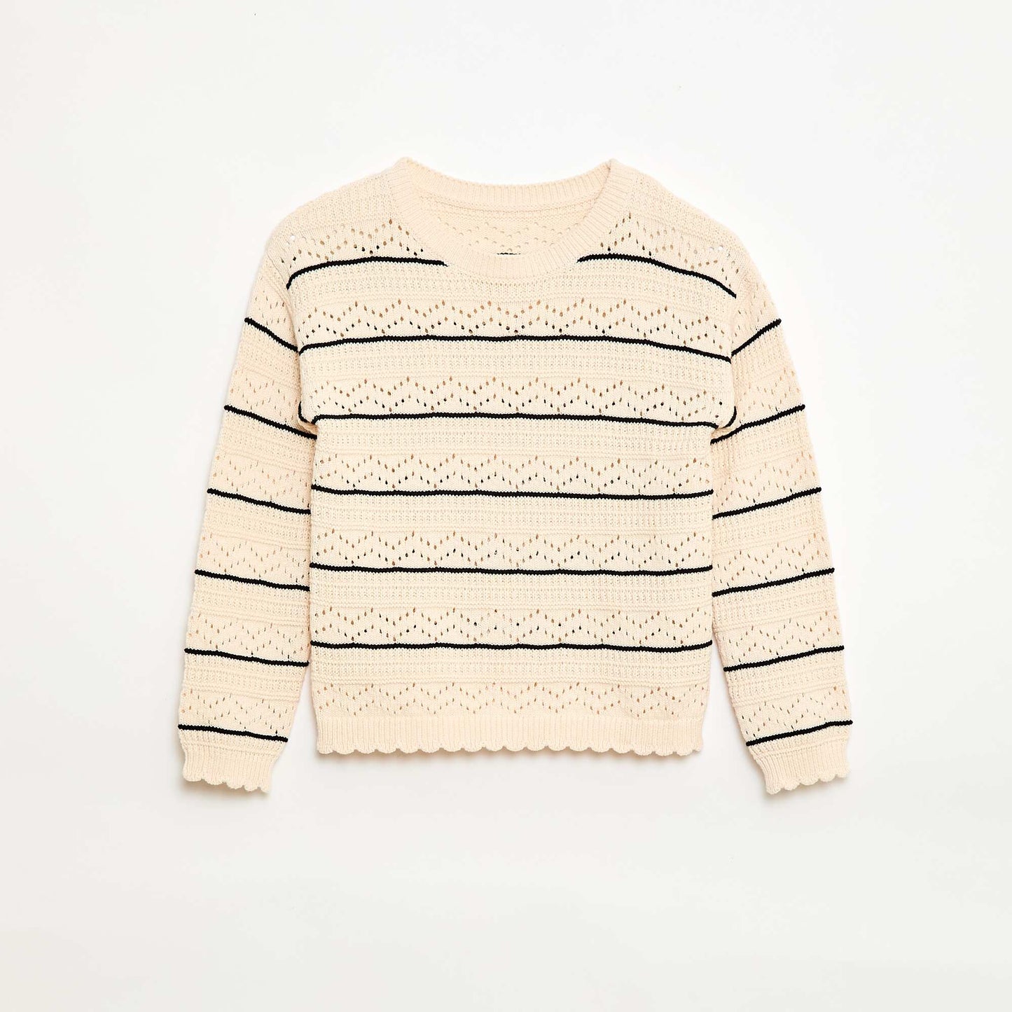 Pull col rond maillé fantaisie avec motifs ajourés en coton BLANC
