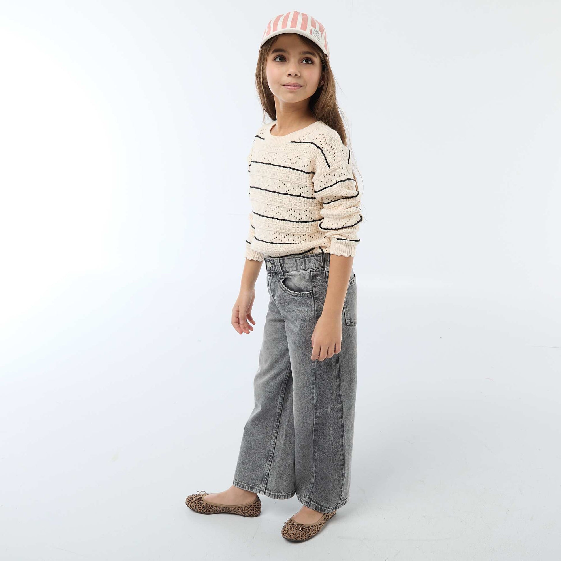 Pull col rond maillé fantaisie avec motifs ajourés en coton BLANC