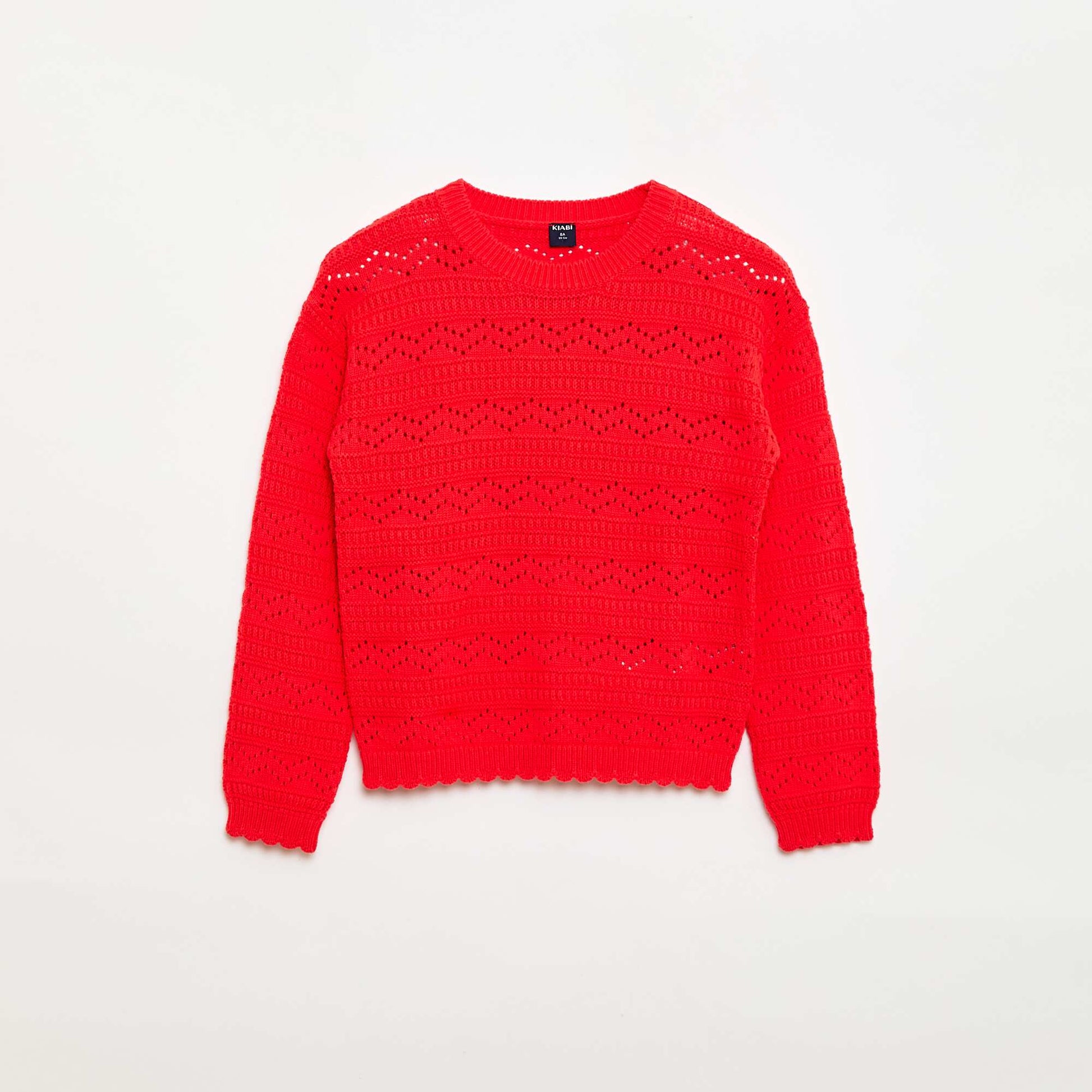 Pull col rond maillé fantaisie avec motifs ajourés en coton ROUGE