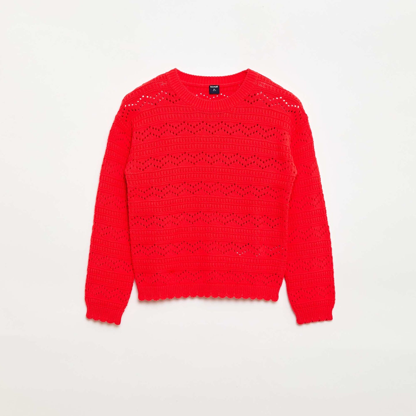 Pull col rond maillé fantaisie avec motifs ajourés en coton ROUGE
