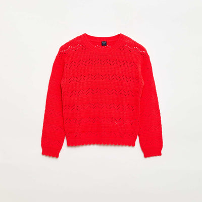 Pull col rond maillé fantaisie avec motifs ajourés en coton ROUGE