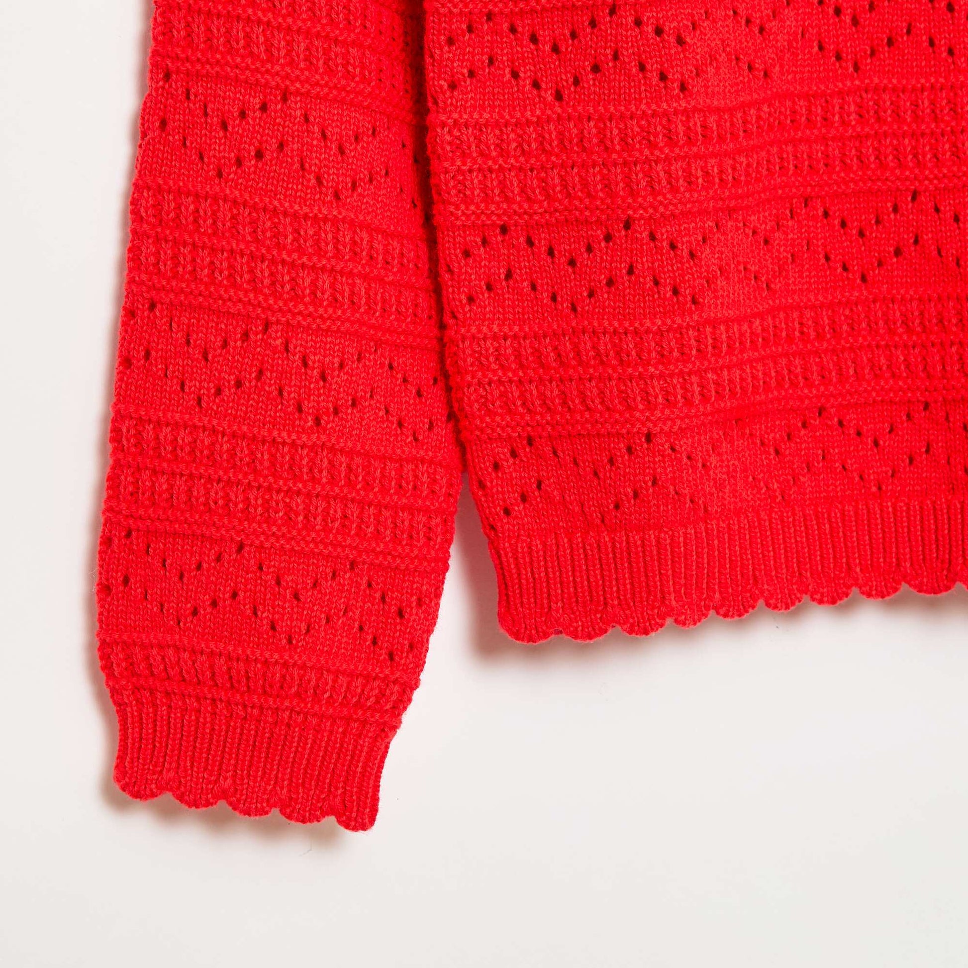 Pull col rond maillé fantaisie avec motifs ajourés en coton ROUGE