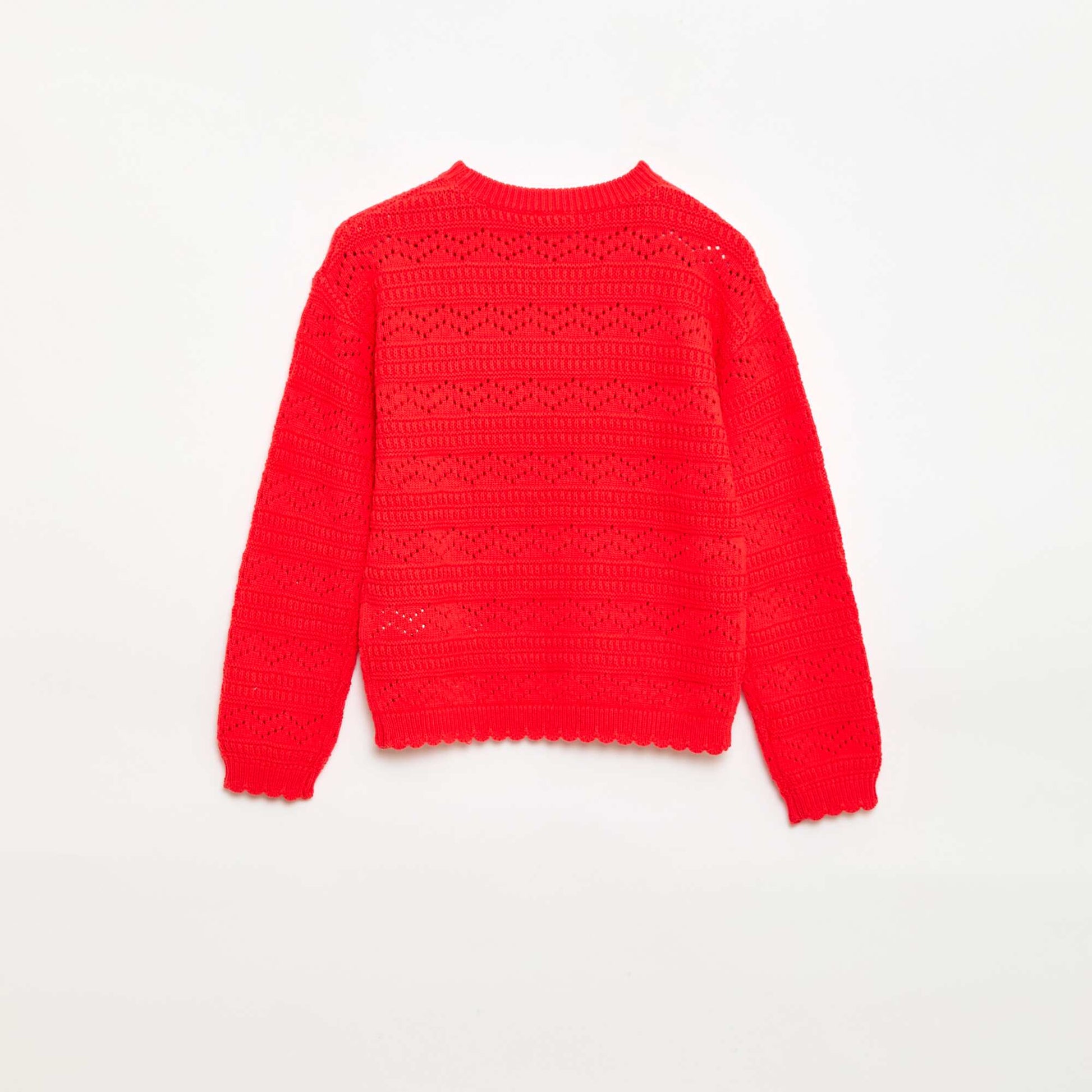 Pull col rond maillé fantaisie avec motifs ajourés en coton ROUGE