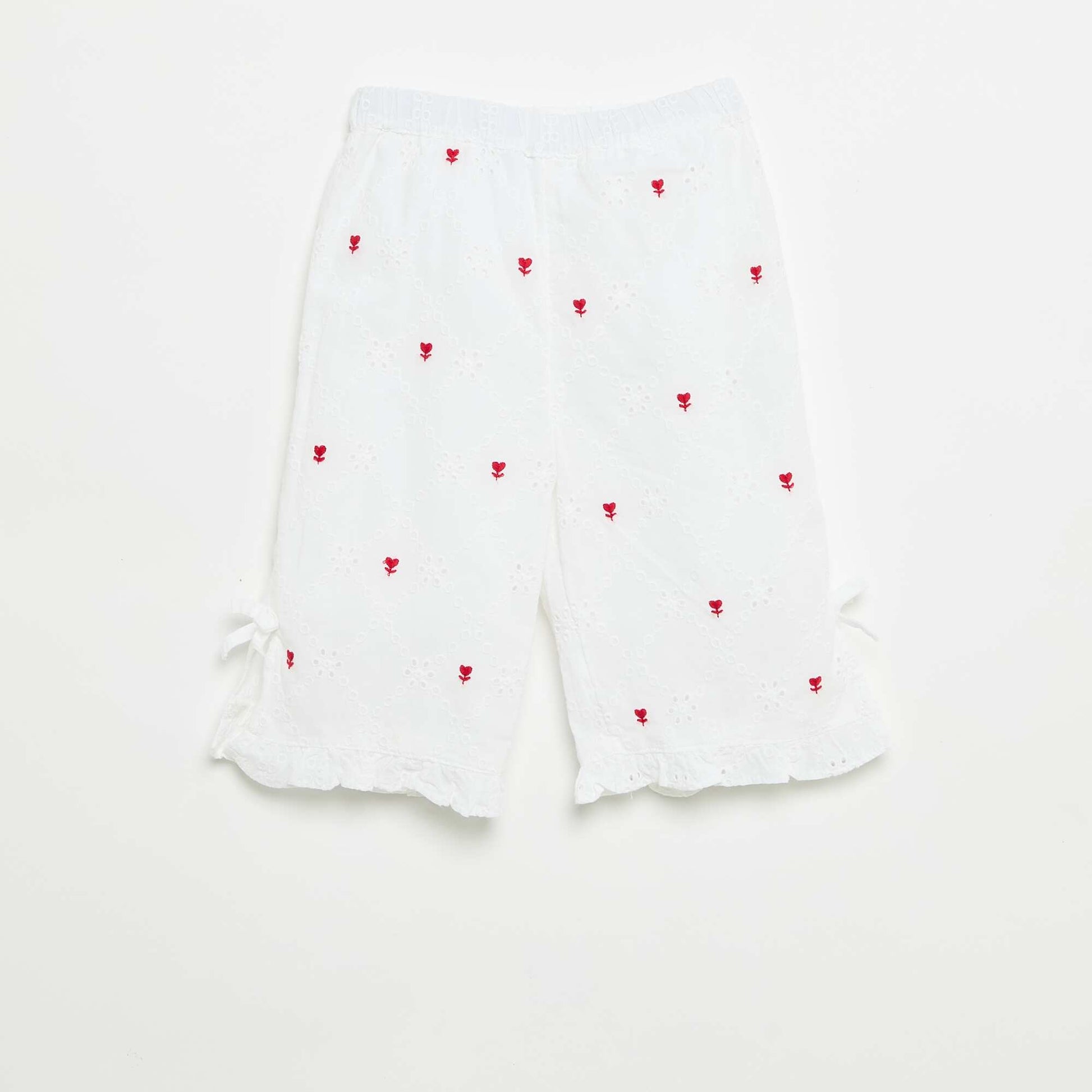 Pantalon avec nœuds fantaisie et broderies anglaises BLANC