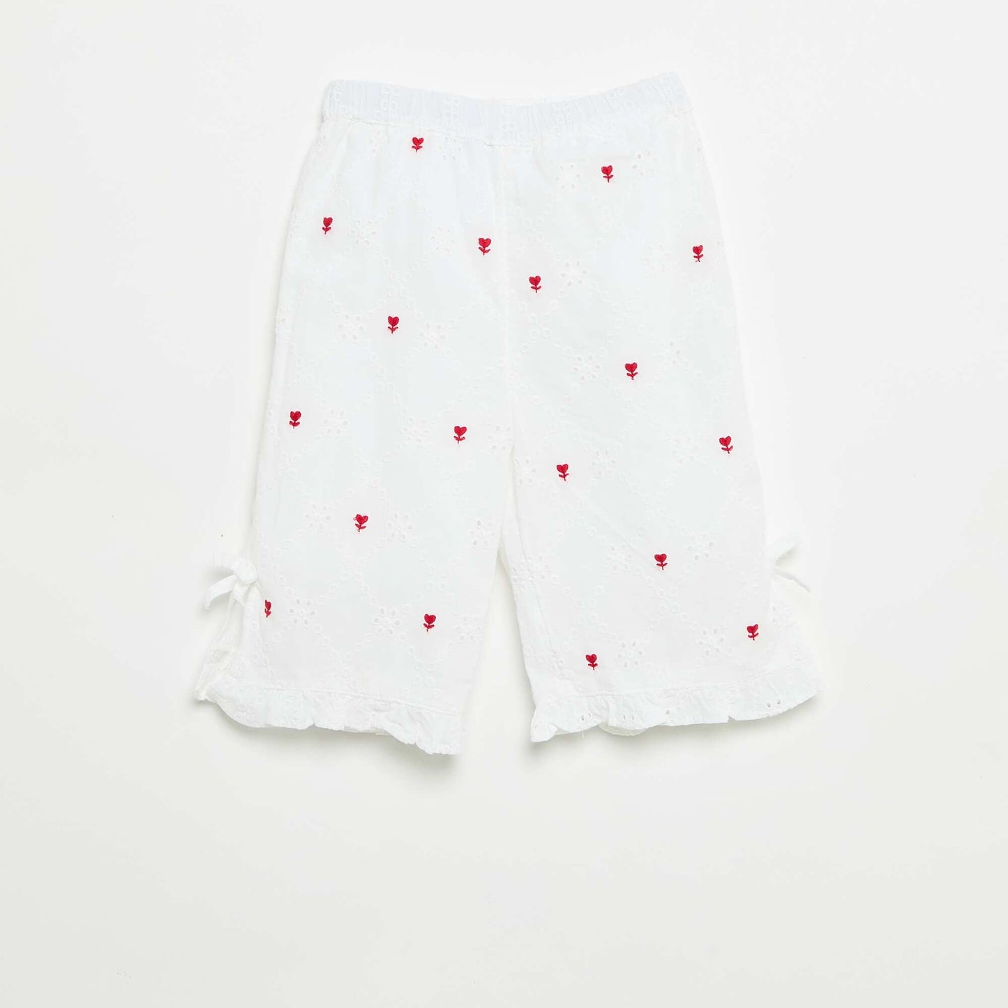 Pantalon avec nœuds fantaisie et broderies anglaises BLANC