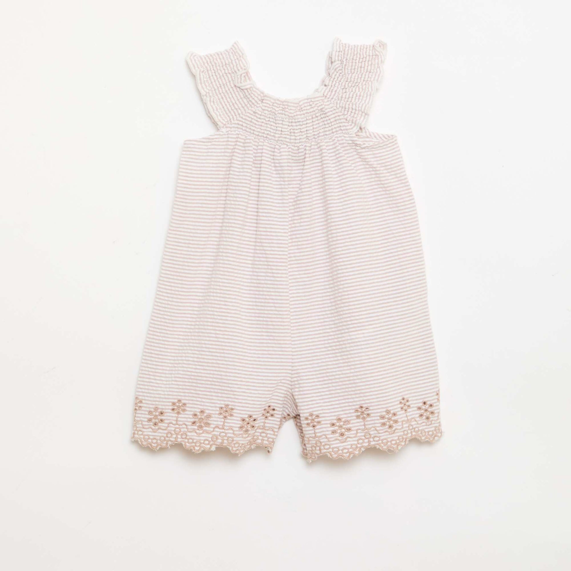 Combinaison short rayée en seersucker avec smock et broderies BEIGE