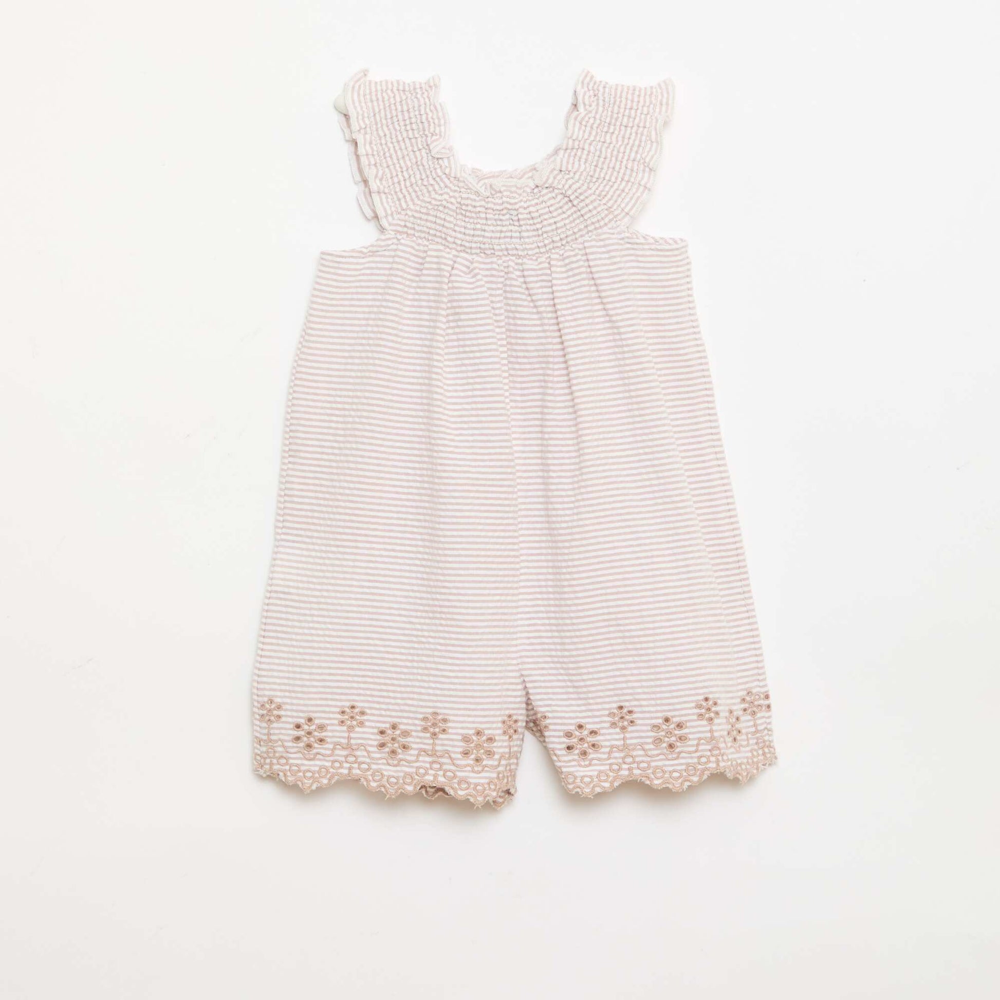 Combinaison short rayée en seersucker avec smock et broderies BEIGE